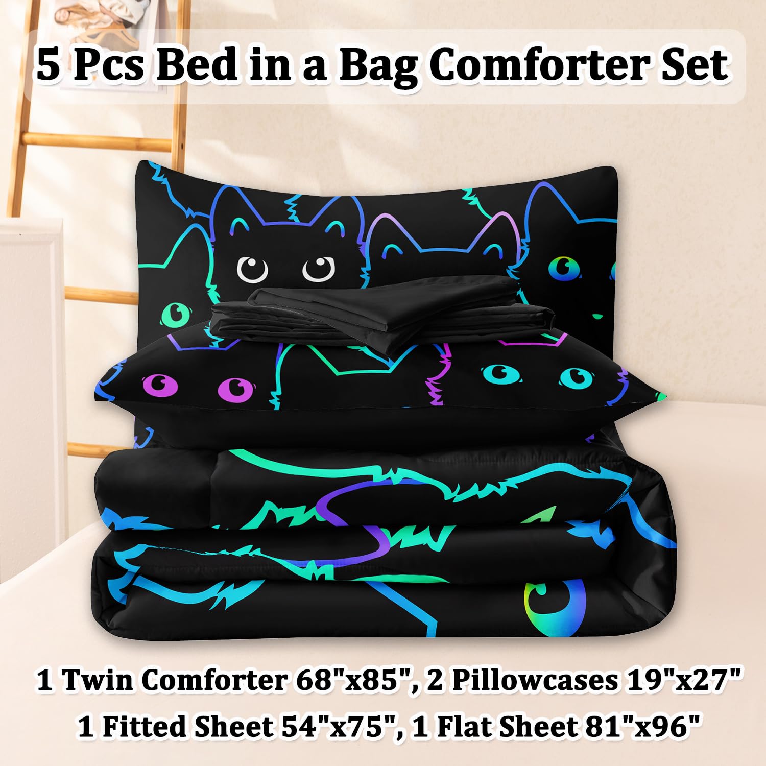 BERTSUCA 5 Pcs Cute Cat Twin Comforter Set for Girls, Soft Warm Lightweight Kids Comforter Bed in A Bag Twin Bedding Sets with Sheets