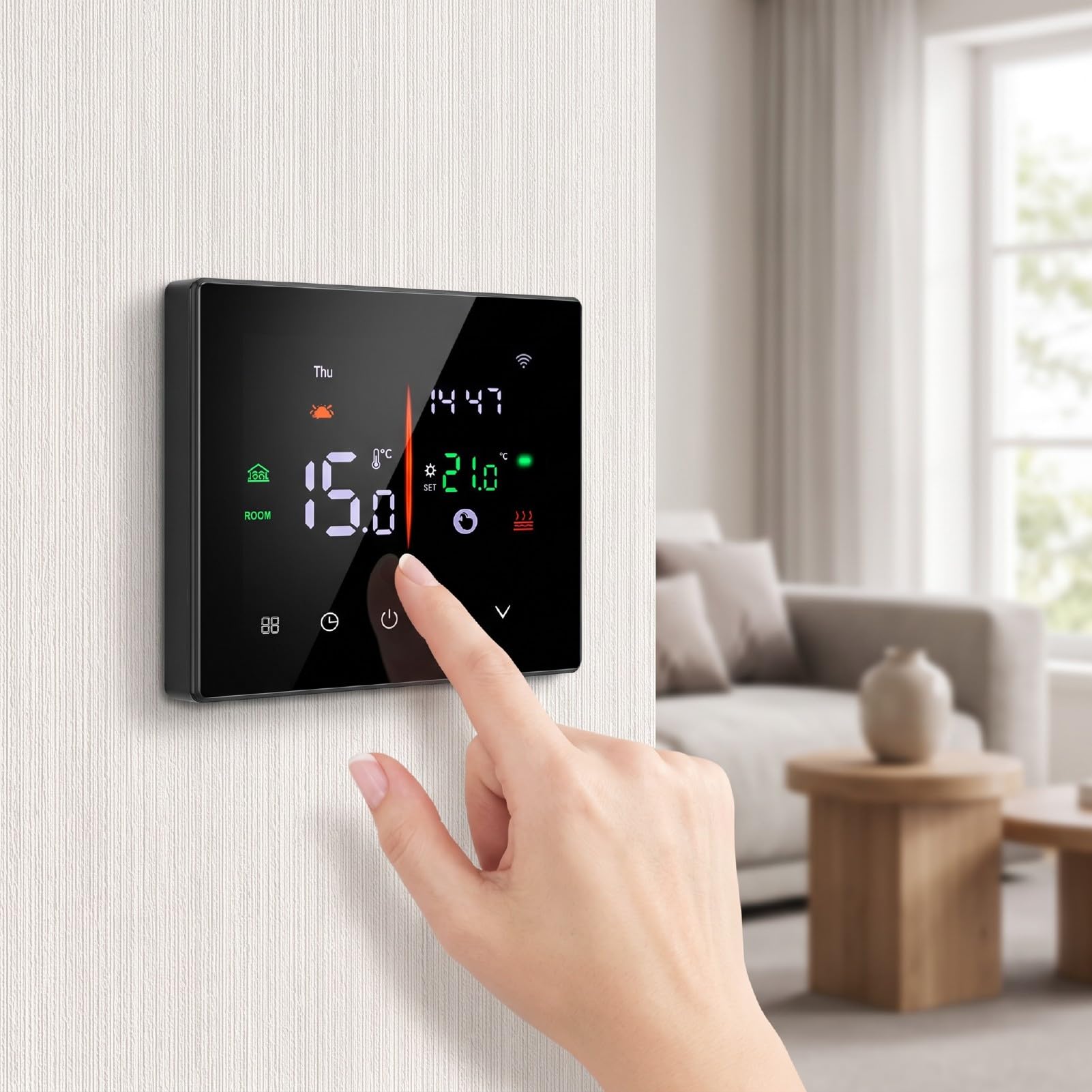 Jiawu Inteligentny Termostat, Programowalny Termostat Wi-Fi,Czarny