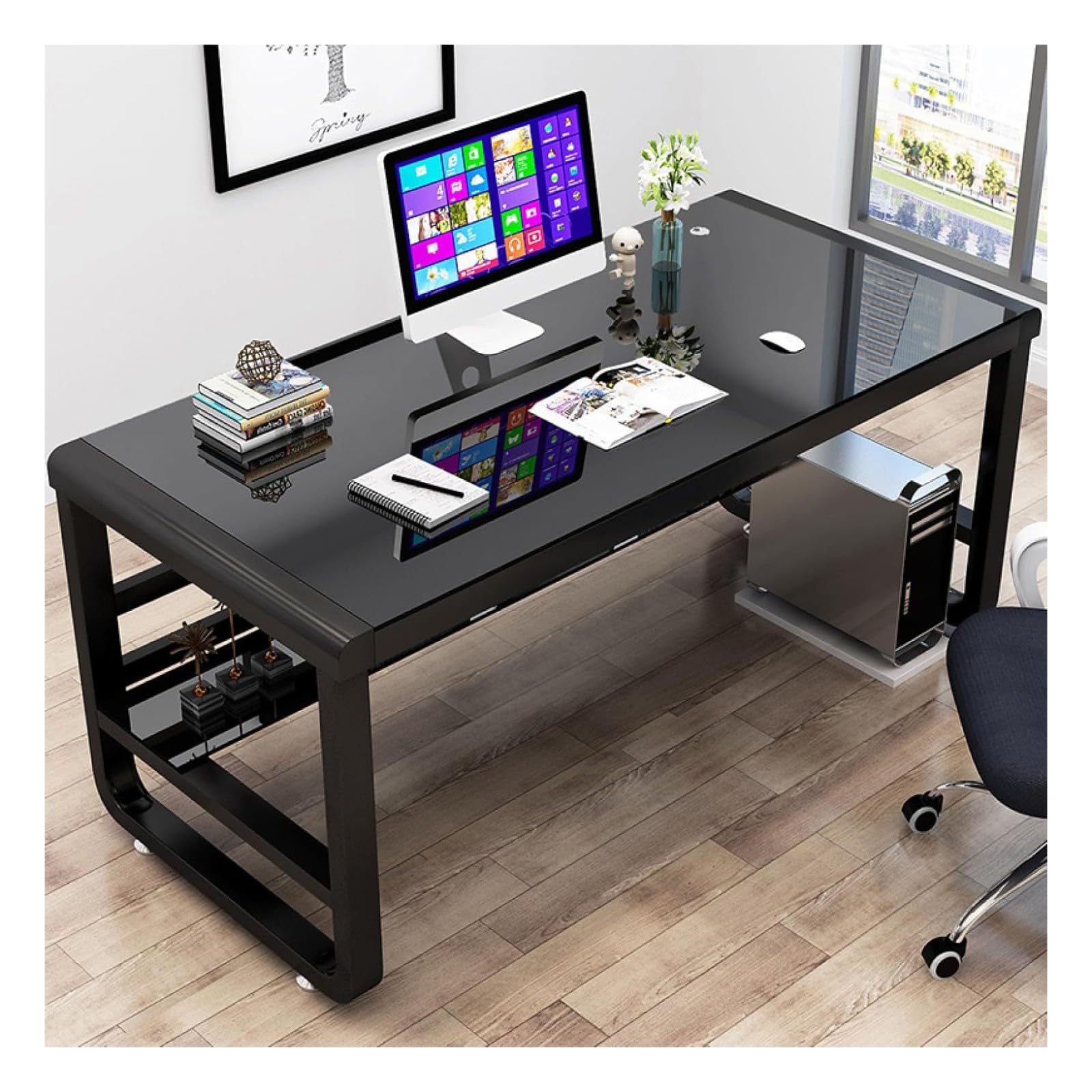 Wdsopk Black Computer Desk Home Office Desk Tempered Glass Computer Desk With Storage Shelves, Modern Home Desk Gaming Table Writing Study Table Workstation For Home Office（-120Cm）