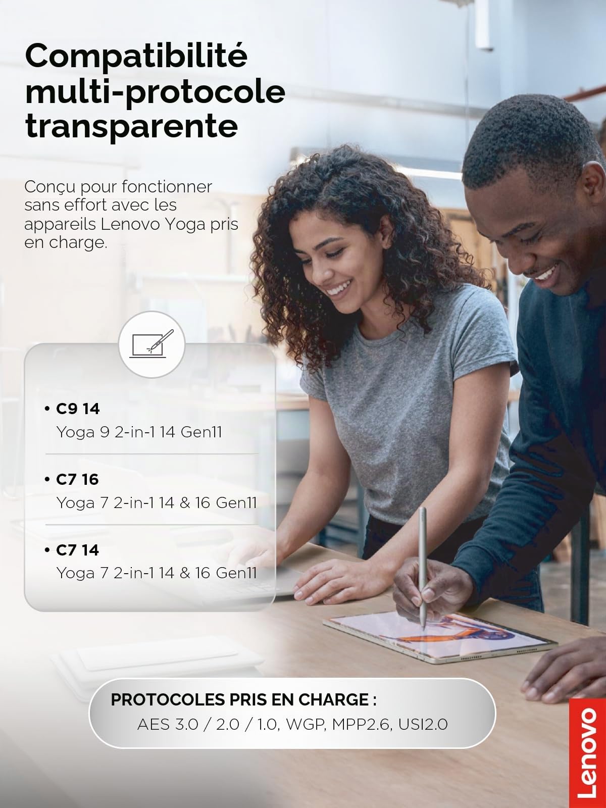 Lenovo Yoga Pen 2 avec étui magnétique, Stylet AES 3.0 avec 8192 Niveaux de Pression, Rechargeable par USB C, détection d'inclinaison, Support Multi-protocole pour Lenovo Yoga 2 en 1, Gris Luna