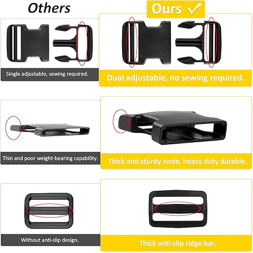 Miniatura 3 de Juego de 6 hebillas de plástico ajustables (paquete de 24), 6 hebillas de liberación lateral rápida, doble y 6 anillos en D y 12 clips deslizantes