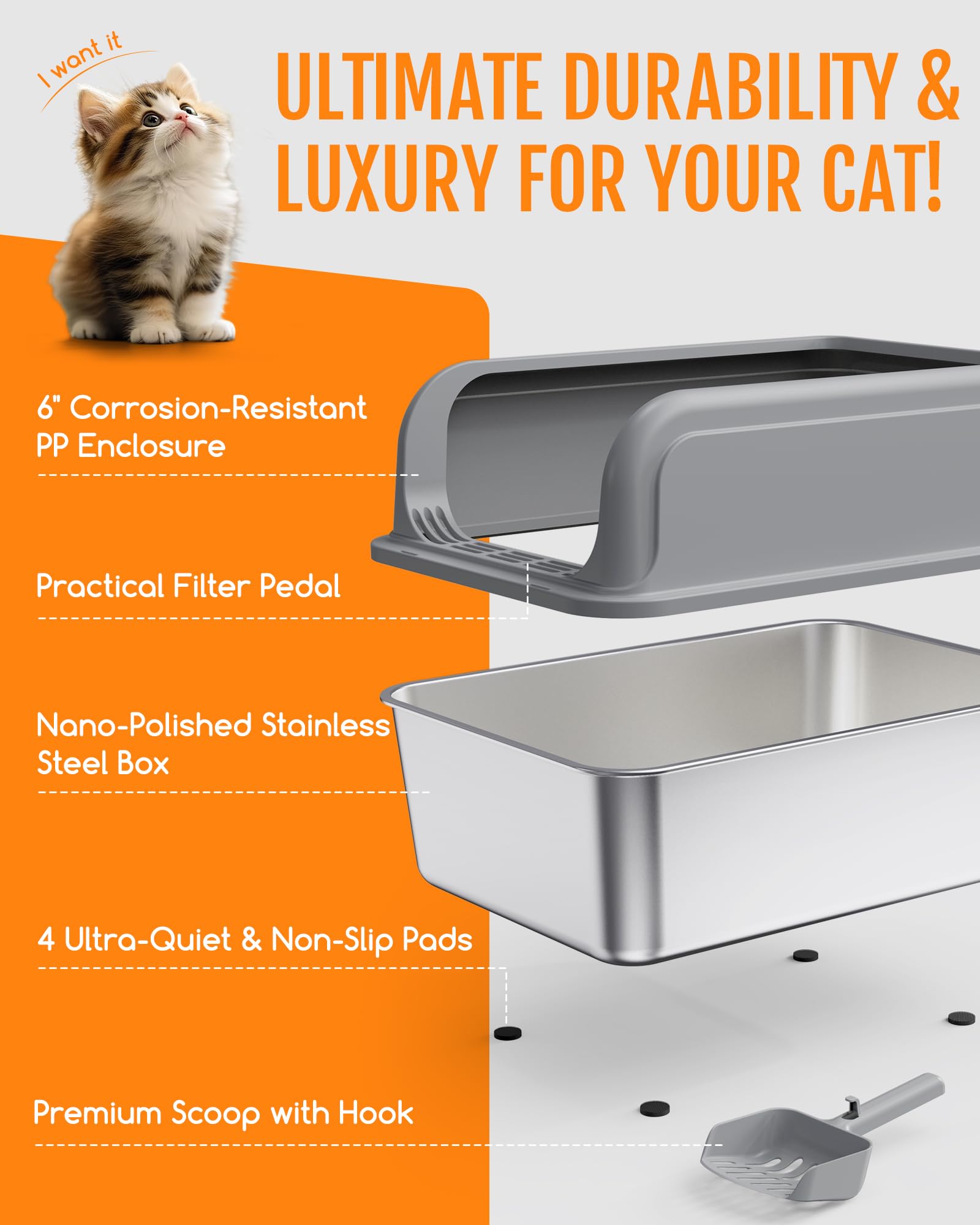 Stainless Steel Cat Litter Box, Metal Kitty Litter Box with Scoop, Anti-Leakage Top Entry, Non-Sticky, Easy to Clean, Grey, 13.5" × 17.3" × 11"