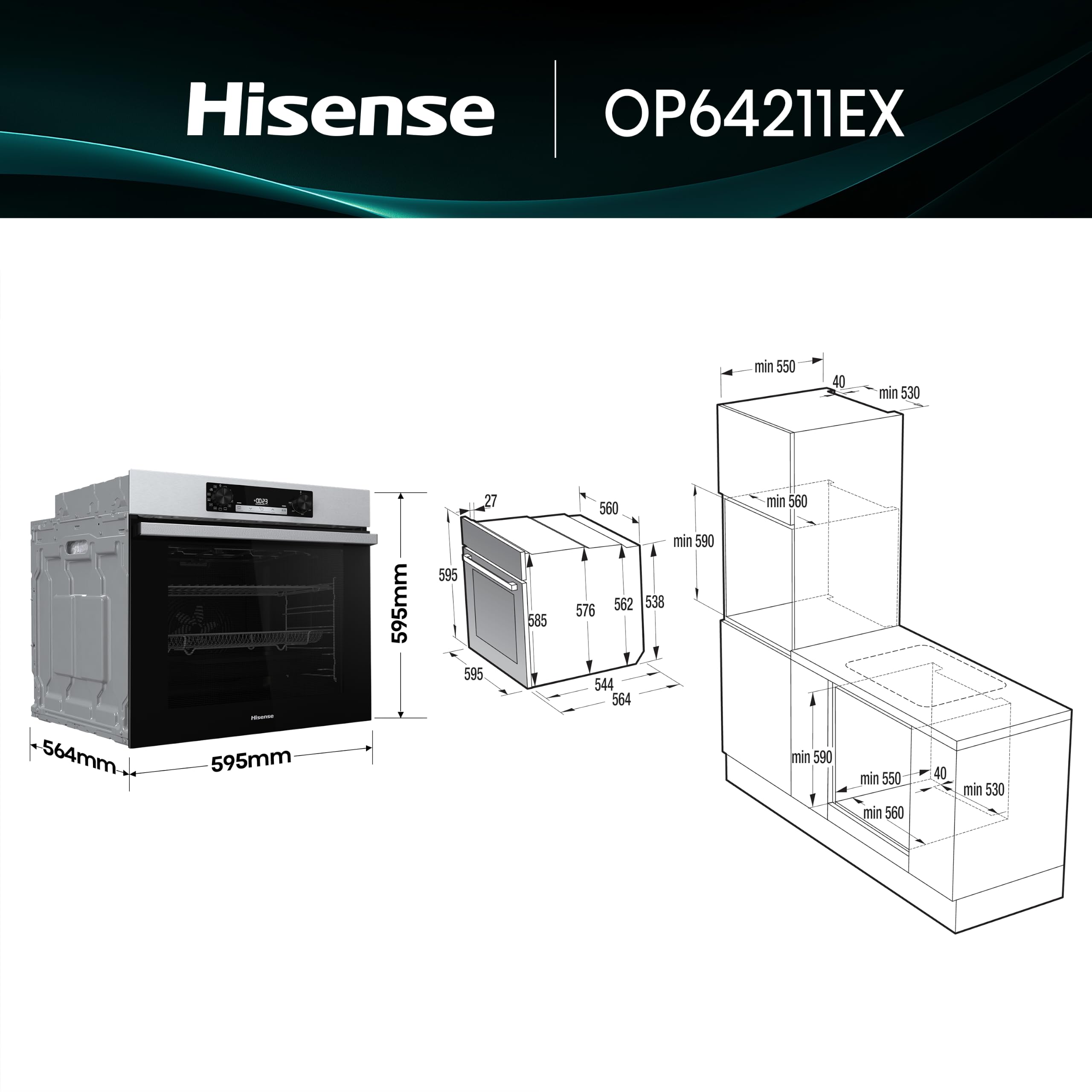 Hisense OP64211EX NUOVO Forno da Incasso Multifunzione 73 litri, Termoventilato, 3 vetri, Pulizia Pirolitica, 13 Funzioni, Pizza 300°C, AirFry, Display Touch, Guide Telescopiche, Inox con Vetro Nero