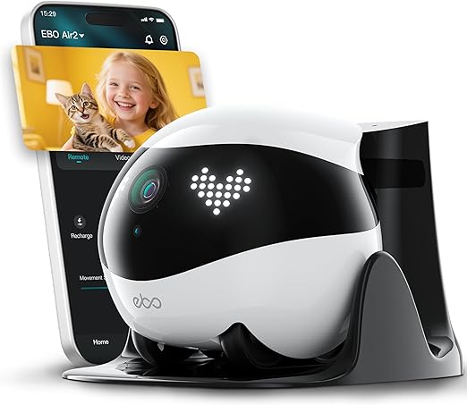 Indoor Security Camera Robot EBO Air 2: 2K Pet Camera, Movable Home Robot, Custom Facial Expression, Auto-Recharge, Battery-Operated, 2-Way Talk, Night Vision, 32GB Memory Card (Dove White)