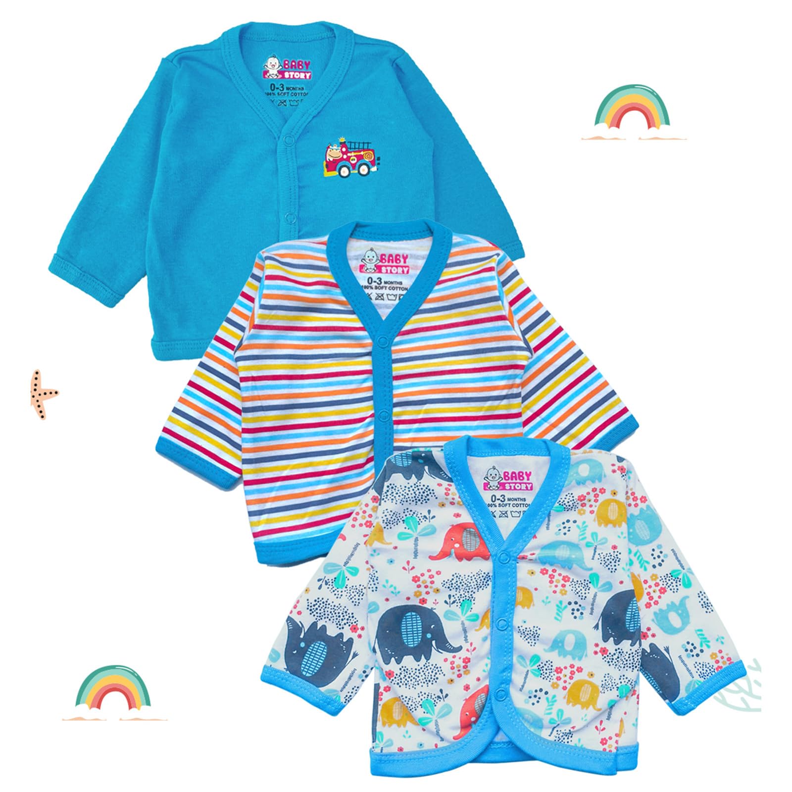 Baby Story 100% Cotton Baby Full Length Romper/Sleepsuits/Jumpsuit, Pack of 3 | Soft & Comfortable for Kids (Solid,Stripes,Printed)