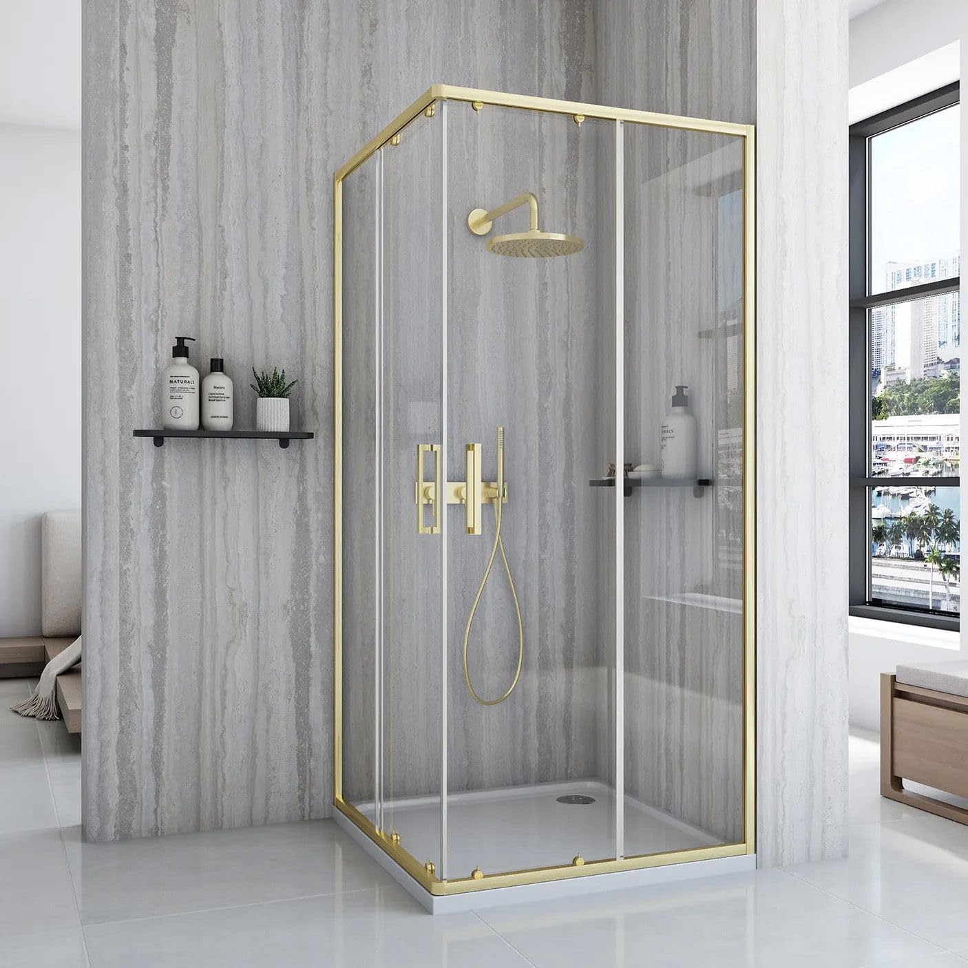 Rea - Box Doccia City 80X80 Gold Brush Cabina Doccia Con Piatto Doccia Savoy Vetro Di Sicurezza Temperato Transparent 4mm, 5mm (D'Oro)