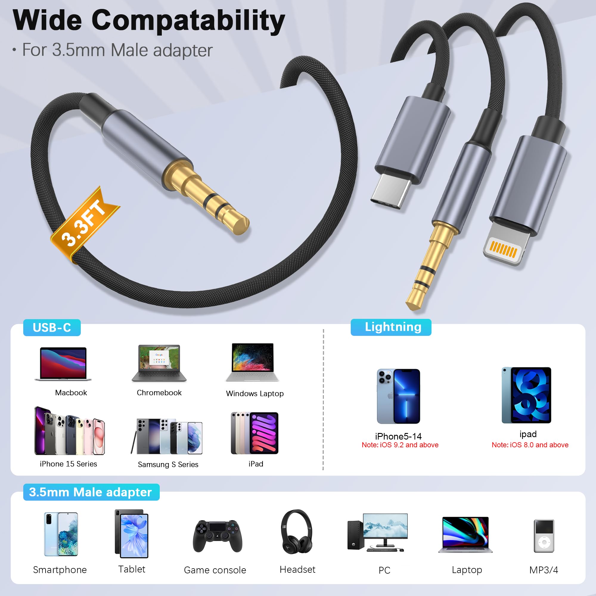 Cavo Audio AUX 2-in-1: USB-C E Lightning A 3,5 Mm Con Ricarica PD 18W, Lunghezza 2 Metri, Per Auto E Cuffie, Compatibile IPhone 15, Samsung S24