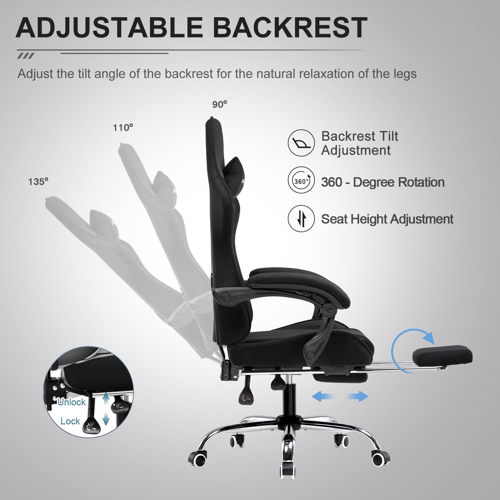 GTPLAYER Sedia da ufficio, da gaming, da gaming, ergonomica, con poggiapiedi, poggiatesta, cuscino lombare, imbottito, sedia girevole in tessuto nero