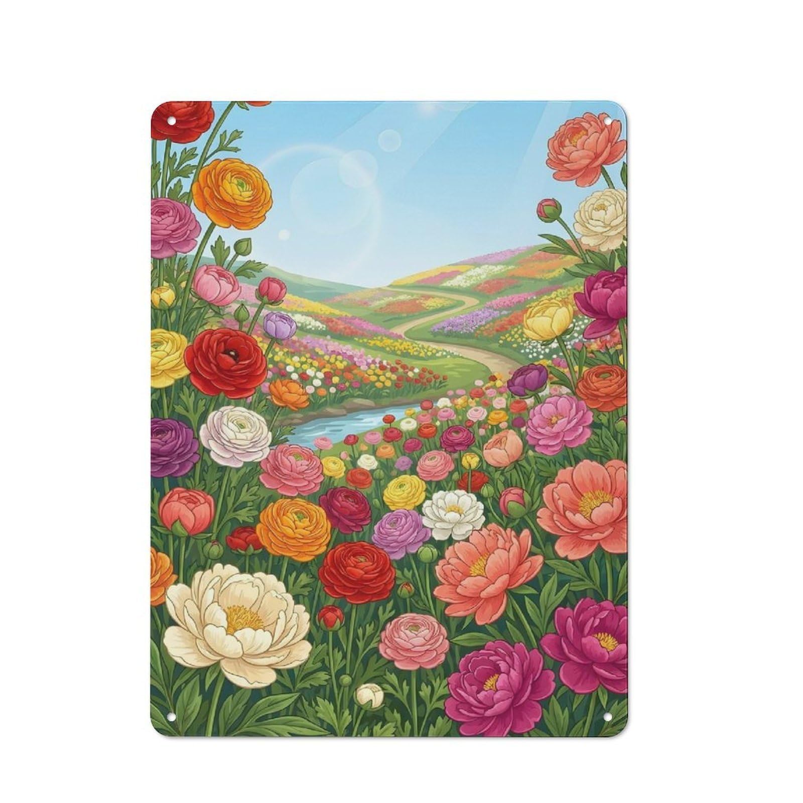 Loft Style Vibrant Flower Field Landscape Decorative Metal Plaque 40x30cm, Studio Wall Art for Workspace, Cafe, Hallway Or Garage