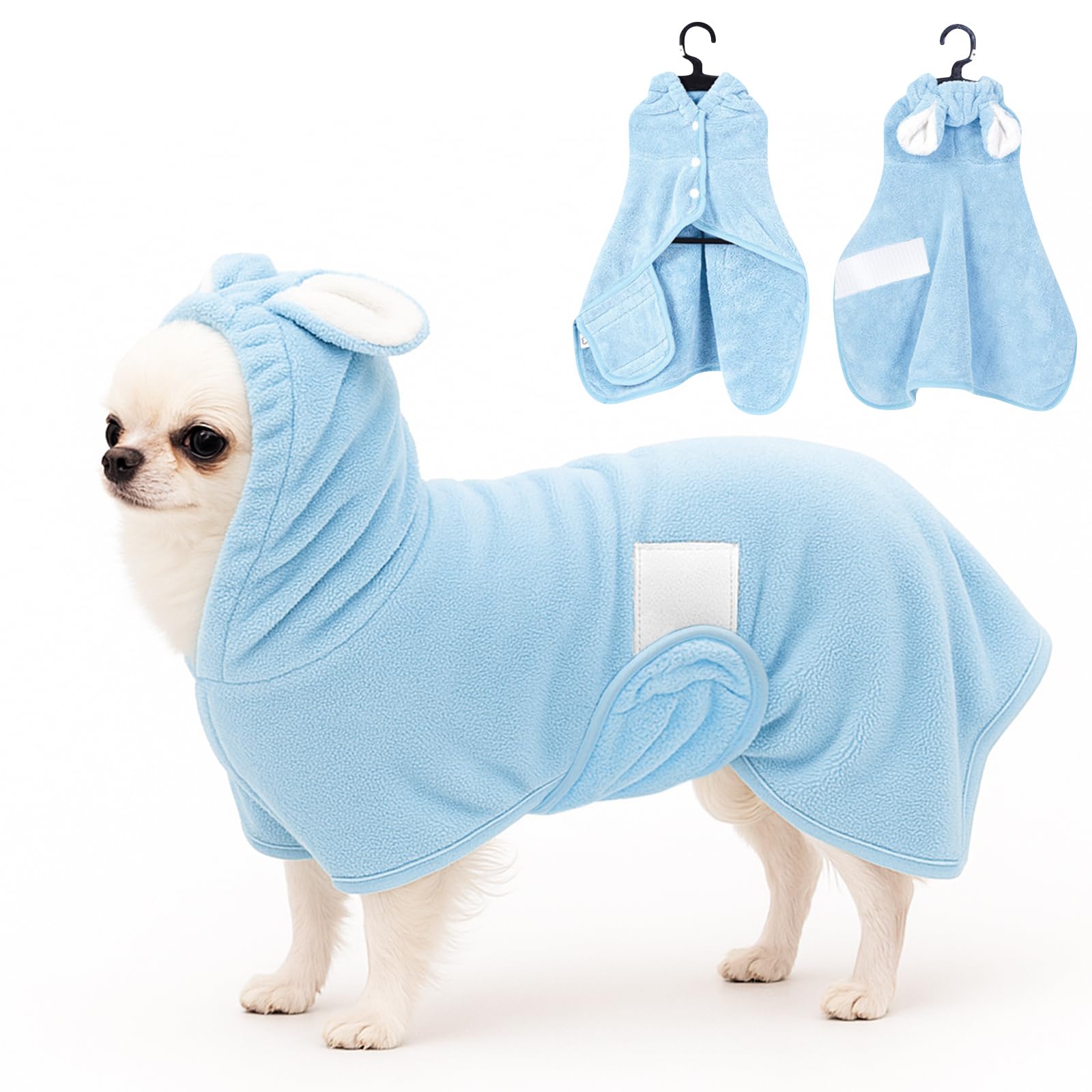 Fnaobai Pet Bathrobe Towel Dog Cat Drying Coat Super Absorbent Cute Dogs Bath Towel Hooded Robe Adjustable Collar & Belly Strap for XSmall to XLarge Pets (Blue