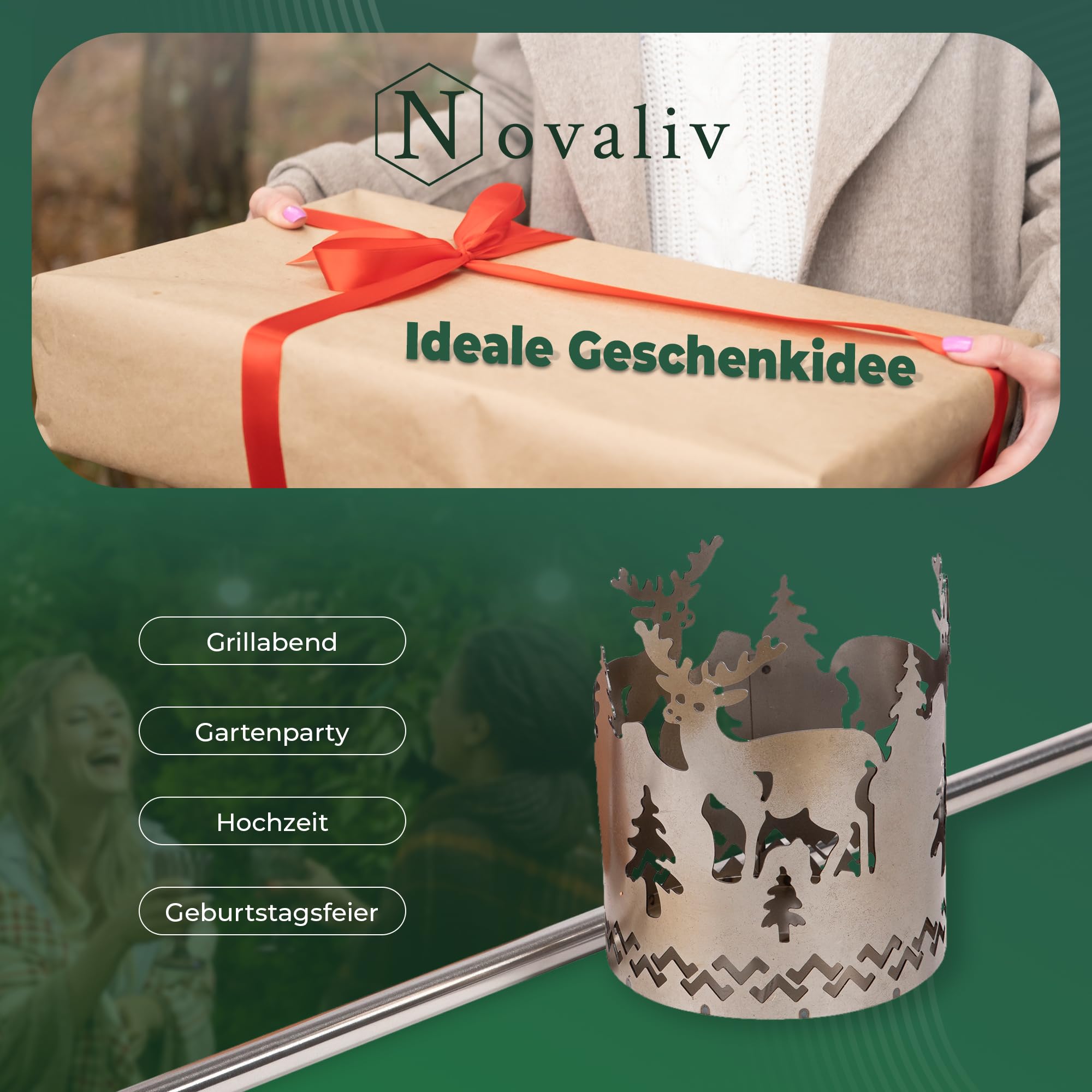 Novaliv Pochodnia ogrodowa, jeleń, misa paleniskowa, metal z trzonkiem, lampa solarna LED