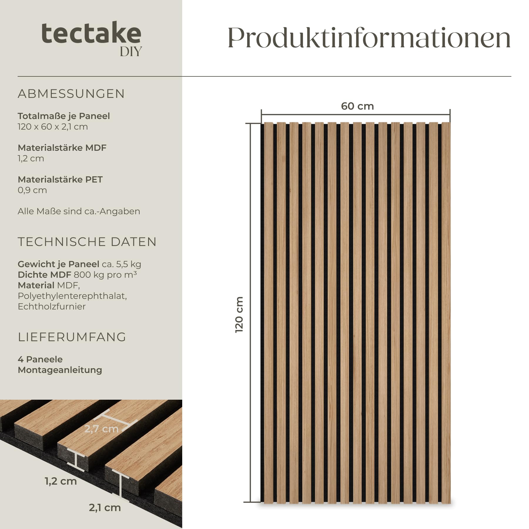 tectake® 3D Akustikpaneele 120 x 60 x 2,1 cm, Holz Optik Paneele, Wandpaneele in Holzoptik als Schallabsorber, Panels für Wohnzimmer, Küche, Wandverkleidung, Schallschutz - Eiche, 4er Set