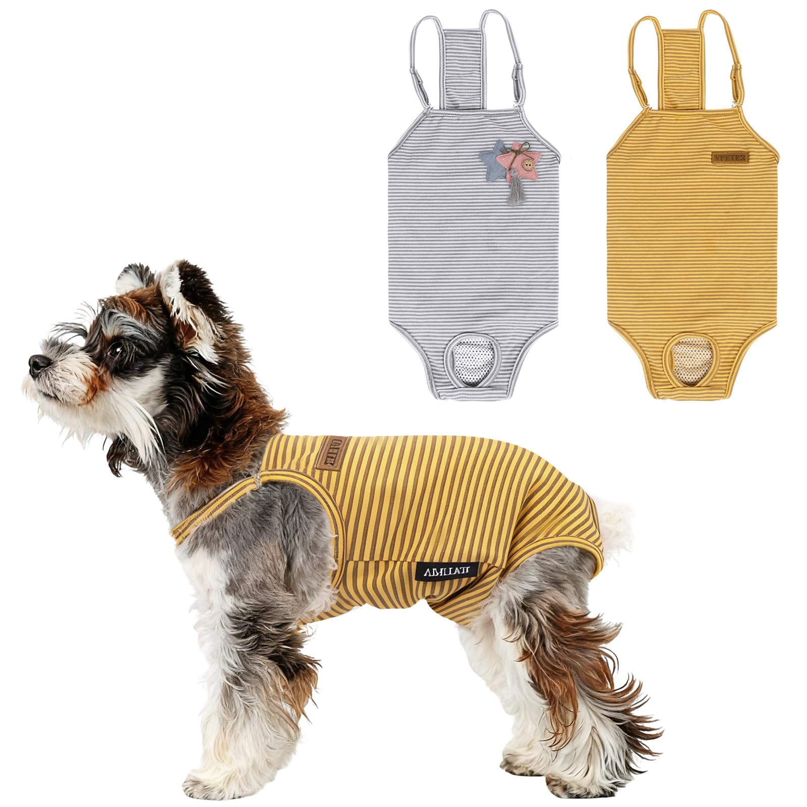 Pxvelcn 2 Pack Dog T Shirt Striped for Female, Sleeveless Dog Tank Top Vest (Yellow + Grey, L)