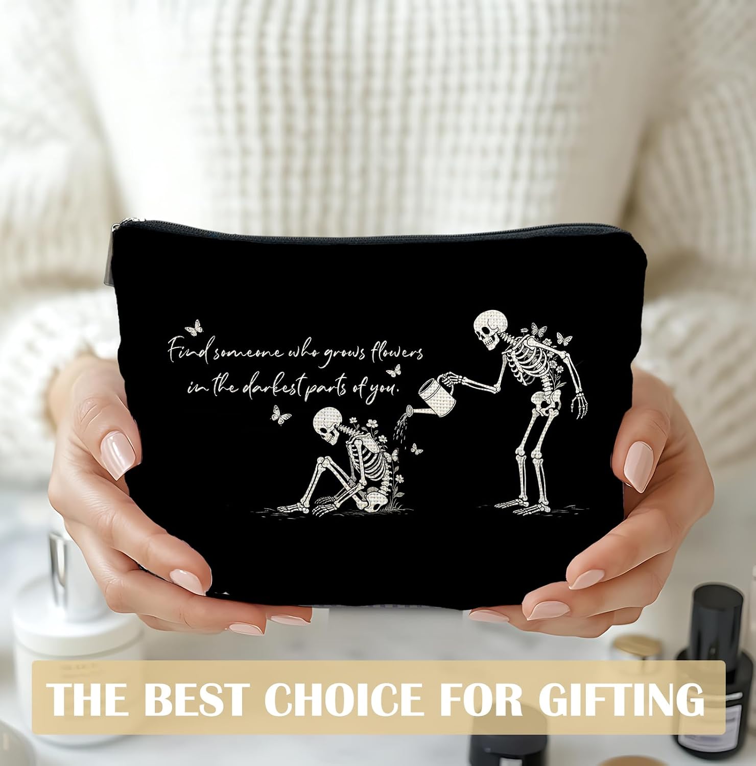 Black Gothic Skeleton Makeup Bag for Women, Inspirational Gothic Cosmetic Bags,Gifts for For Mom Friends Teen Girl & Women, Black Zipper Makeup Pouch for Purse image 5