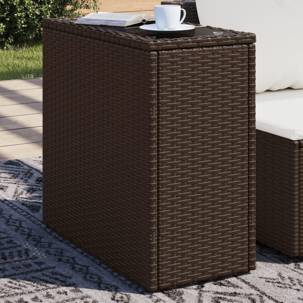 SXZenSpace Garden Side Table Brown 58x27.5x55 cm PE Rattan Patio Coffee with Tempered Glass Top, Steel Frame, Small Bistro Outdoor Furniture for Balcony, and Backyard