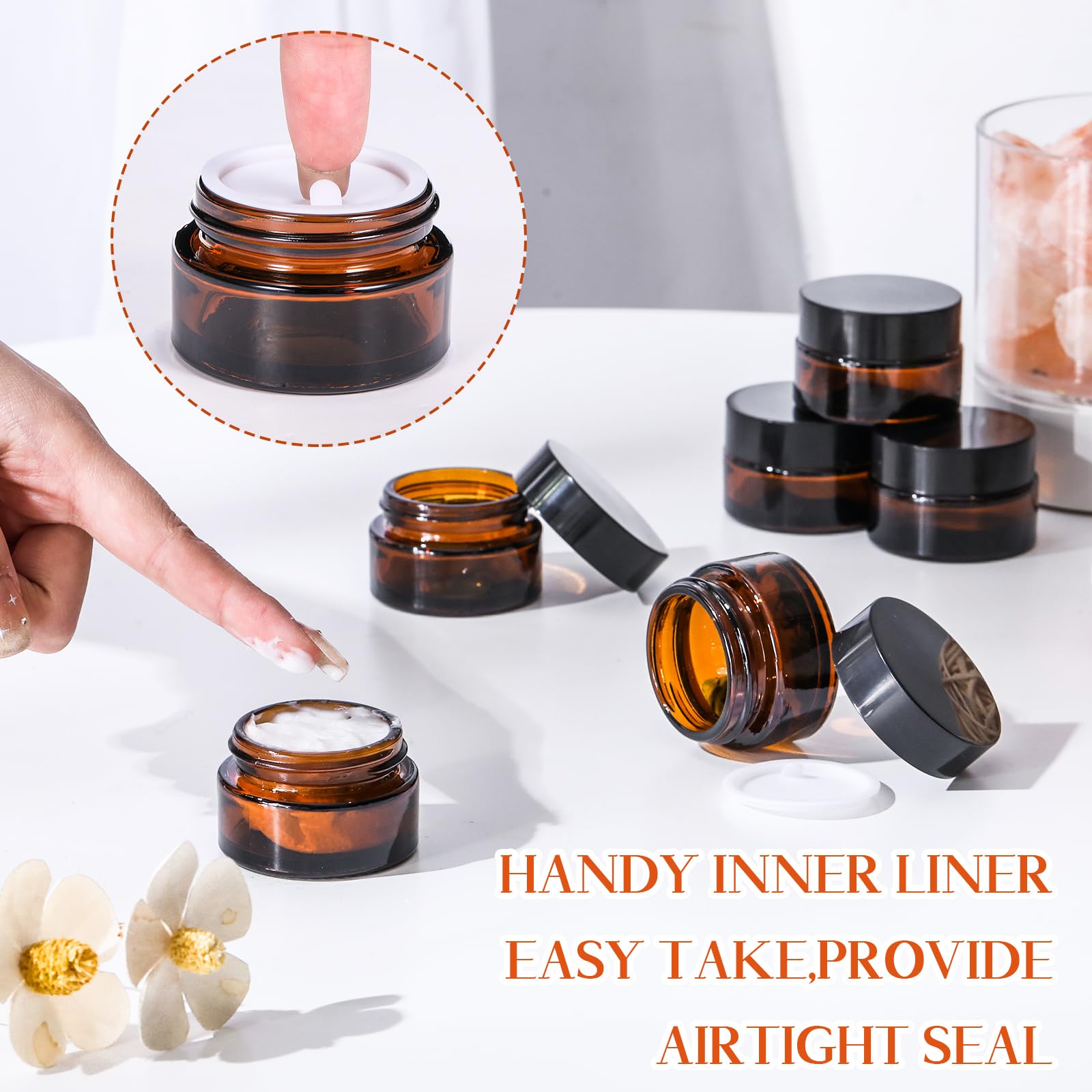 Honeydak 24 tarros de vidrio de 0.75 onzas con tapas, pequeños tarros de cosméticos con forro interior, recipientes de bálsamo, tarros de cosméticos recargables para loción, polvos, crema,