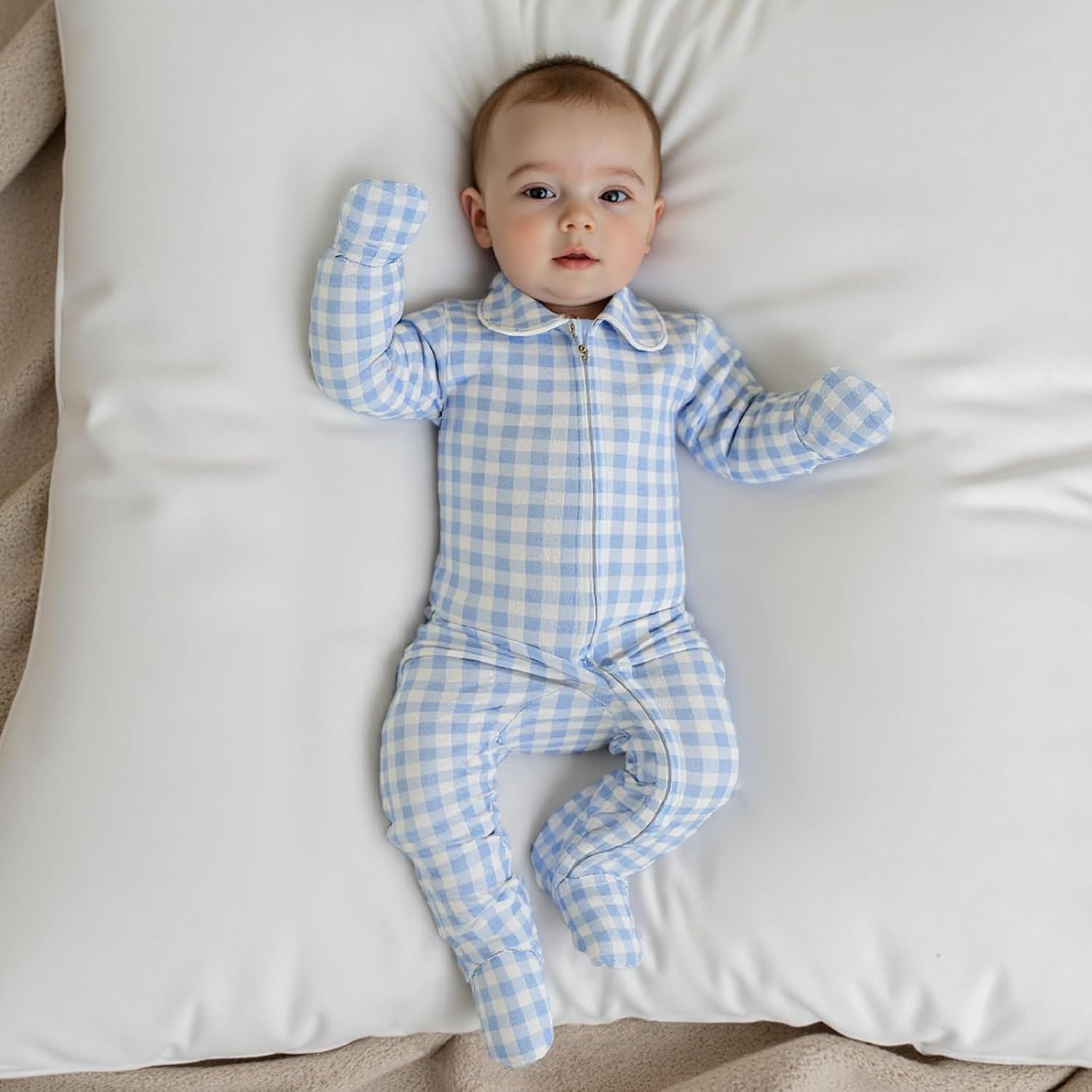 BULINGNA Newborn Baby Boy Girl Gingham Footed Romper Peter Pan Collar Infant Long Sleeve Zipper Jumpsuit Coming Home Outfit - Image 2