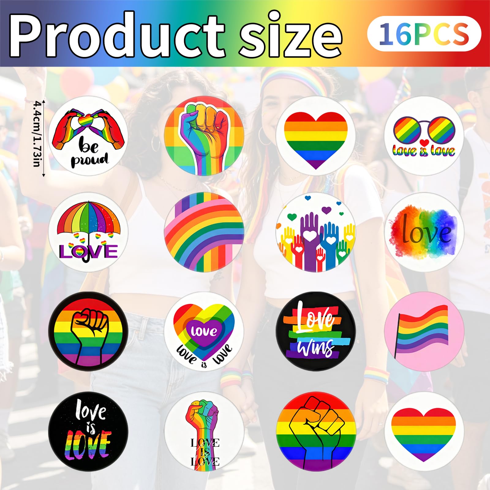 Insignias LGBTQ 16 Piezas 44MM, Pines Acero Inoxidable Puño Arcoíris, Set Broches Pride para Ropa