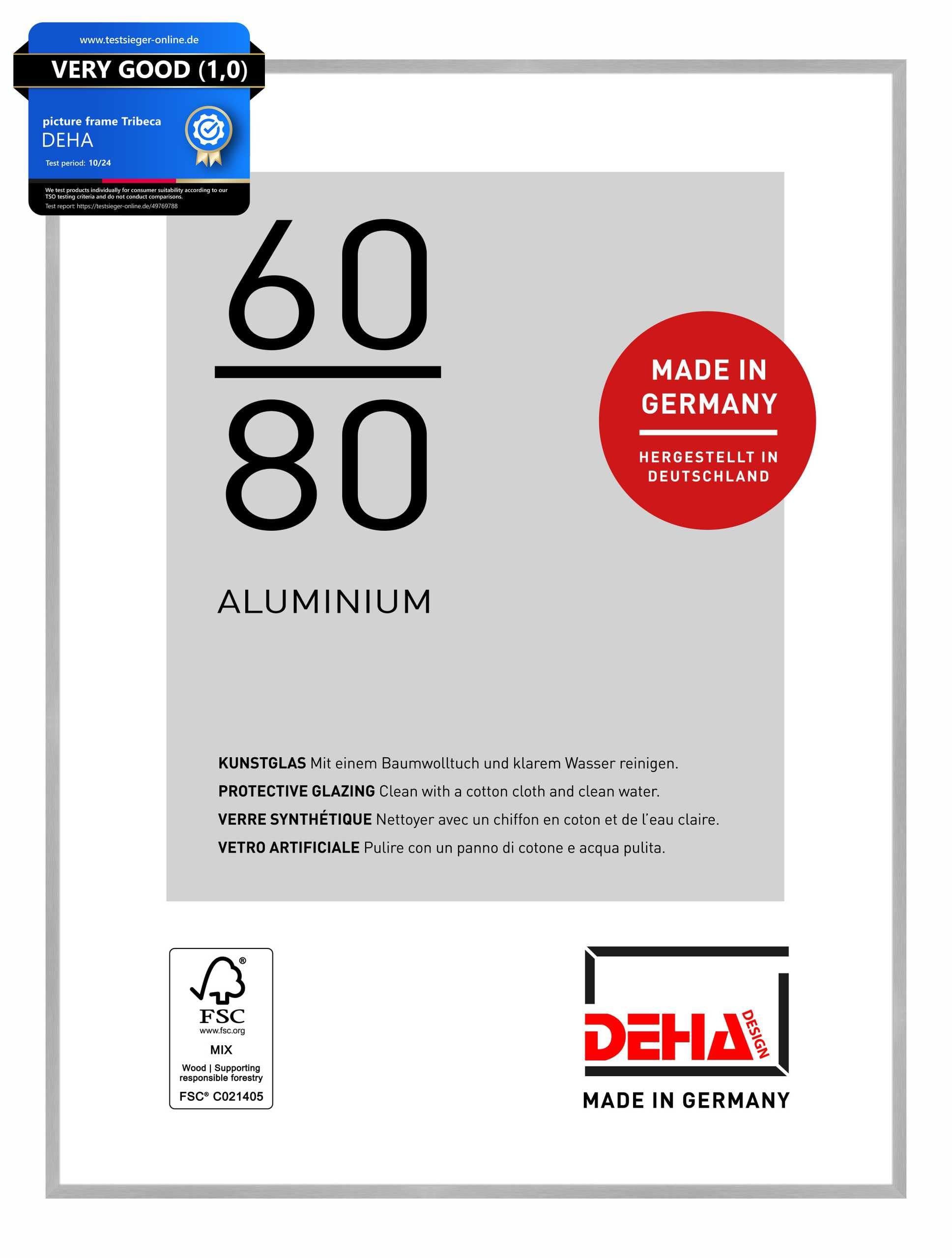 Deha Design Brushed Frosted Silver Tribeca Aluminium Picture Frame - 60X80 Cm – Brushed Silver - With Synthetic Glass And Push/Turn Clips