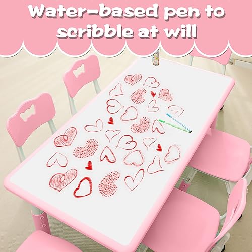 Miniatura 15 de Juego de mesa y silla para niños adecuado para niños y niñas de 2 a 12 años de altura ajustable, se puede pintar con 6 asientos, adecuado para el