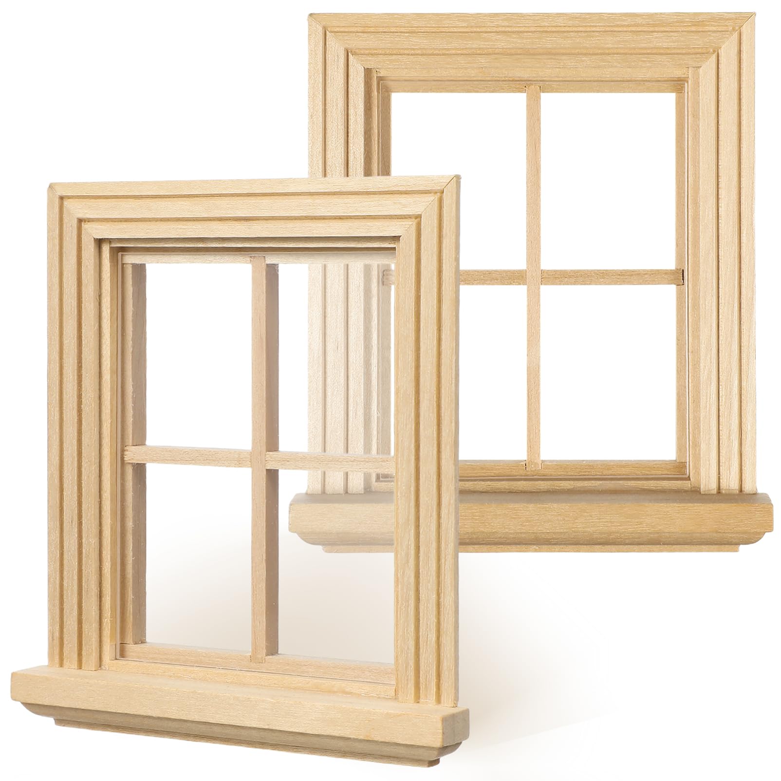 NUOBESTY 2Pcs Miniature Doll House Window Frames 4-Grid Birchwood Model for Diy Dollhouse Furniture Accessories and Tiny Room Decorations