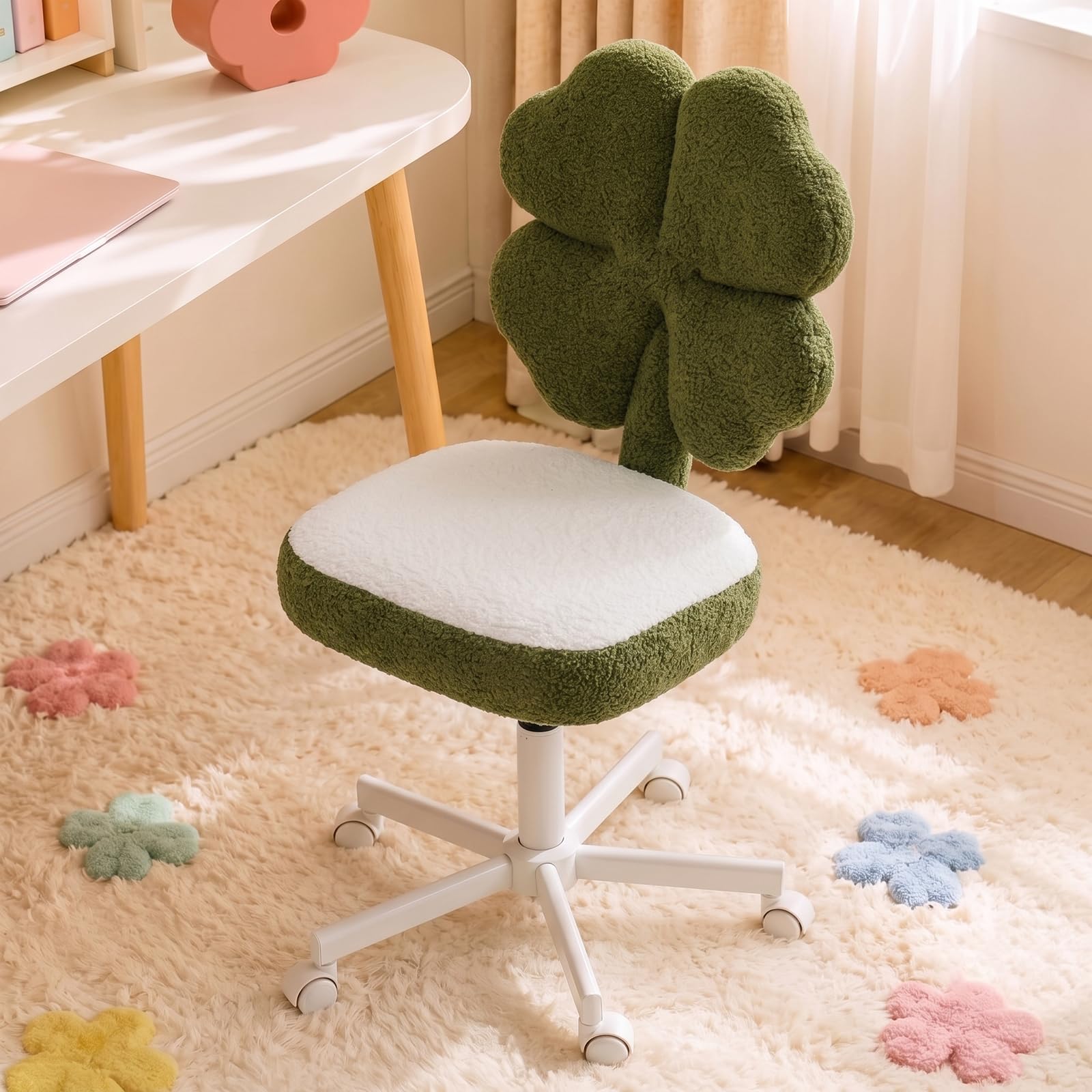 VINGLI 4-Leaf Clover Vanity Chair, Armless for Small Space, Dark Green