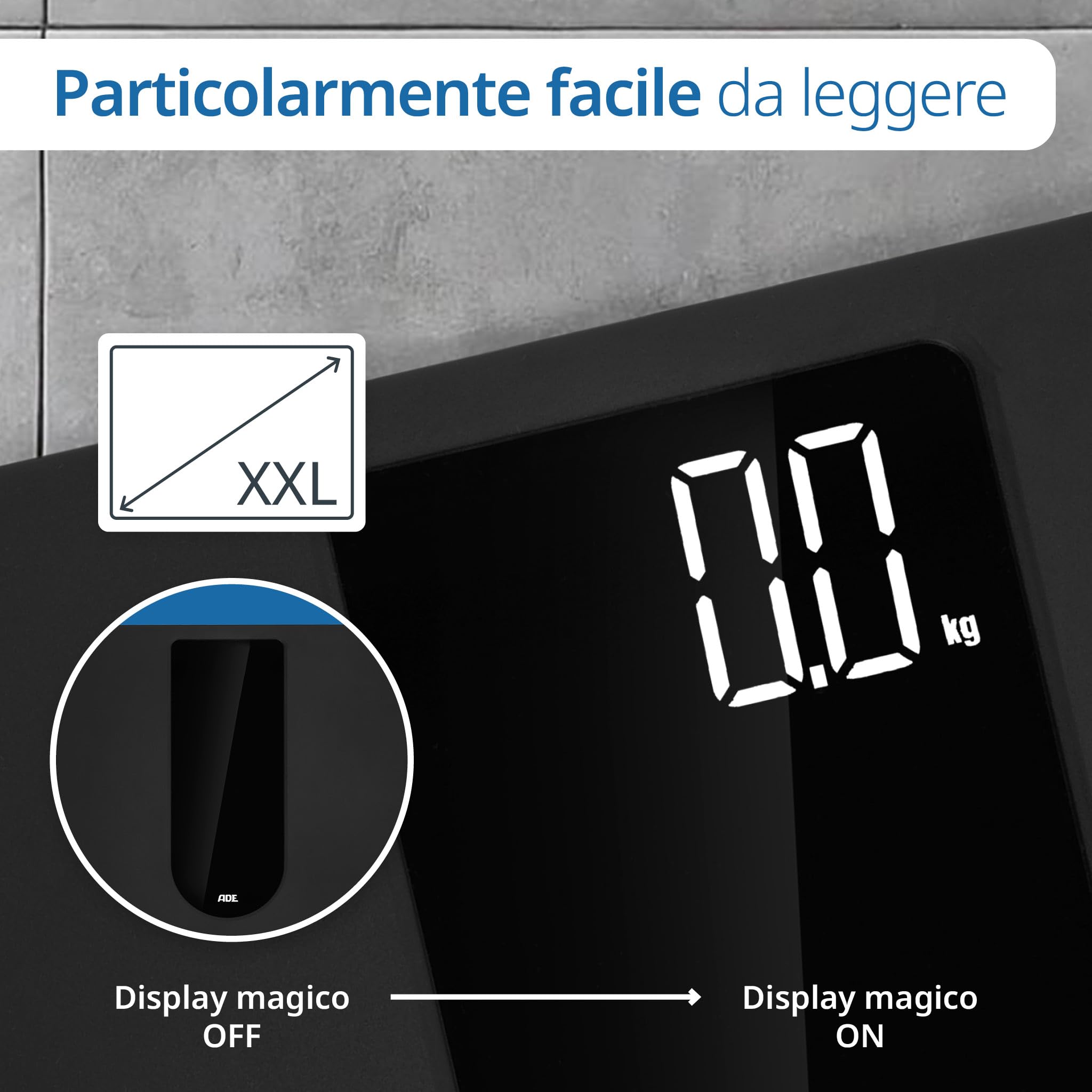 ADE Bilancia pesapersone digitale | ampio display LED ad alto contrasto | superficie antiscivolo in vetro di sicurezza | risultato di pesatura preciso | elegante superficie opaca nera | fino a 180 kg