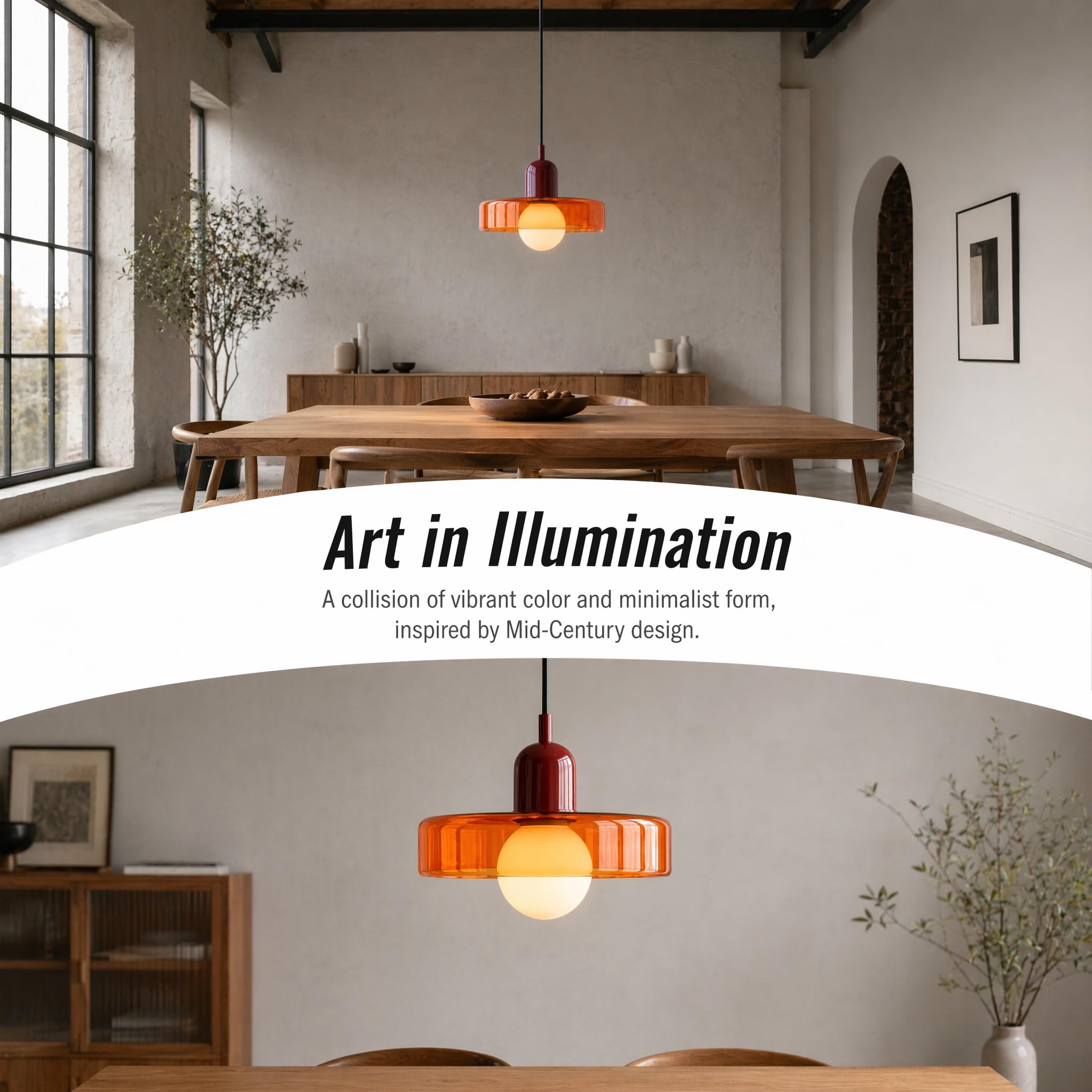 25cm Rund Glas Pendelleuchte, Retro Modern Esstisch Hängelampe mit Rot Eisenoberteil, E27 Hängende Deckenlampe für Küche, Esszimmer & Schlafzimmer (Klar Orange)