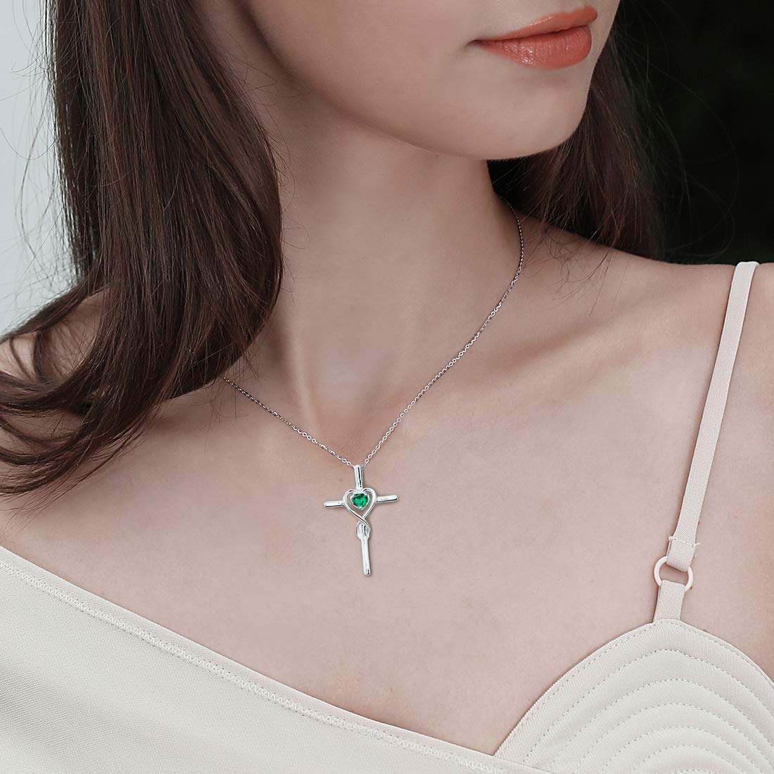 FANCIME Collar con Colgante de Cruz Cristiana Infinito corazón para Mujer de Plata de Ley 925 y Piedras Preciosas Sintéticas/Naturales - Longitud Cadena: 40 + 5 cm
