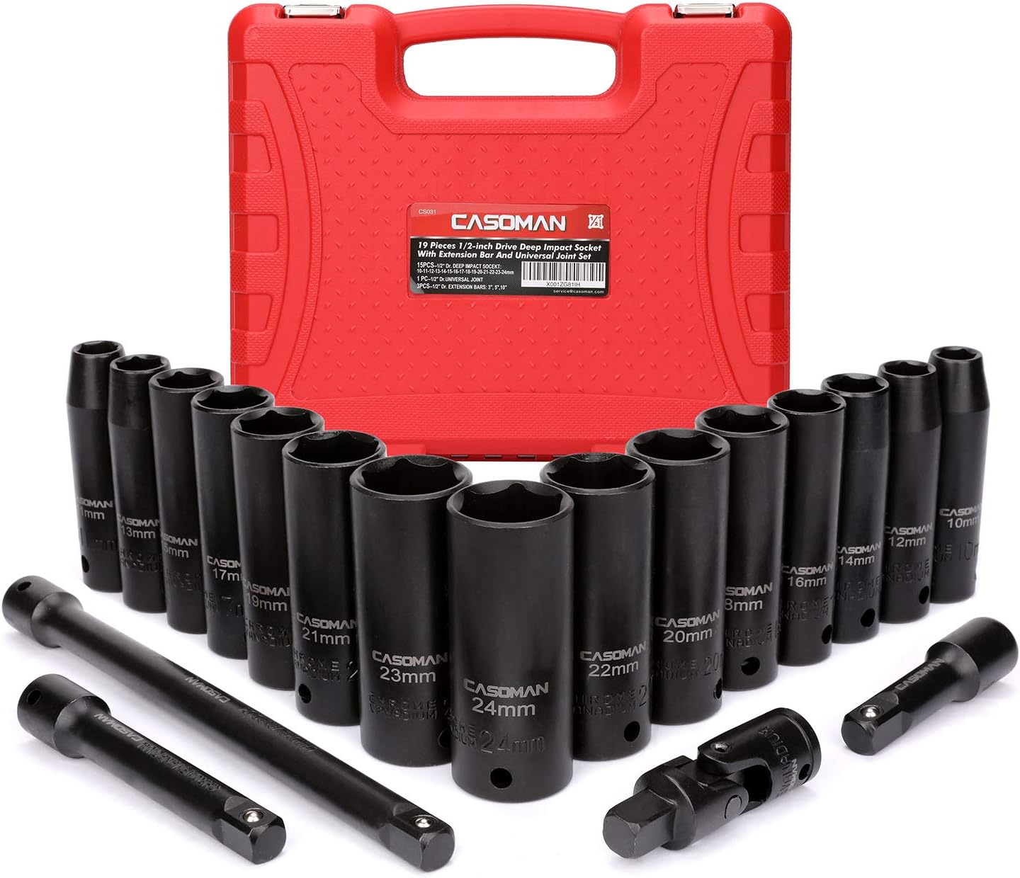 CASOMANComplete 1/2-Inch Drive Deep Impact Socket Set, Metric, CR-V,10-24mm, 6 Point, 19-Piece Sockets Set with Extension Bar and Universal Joints