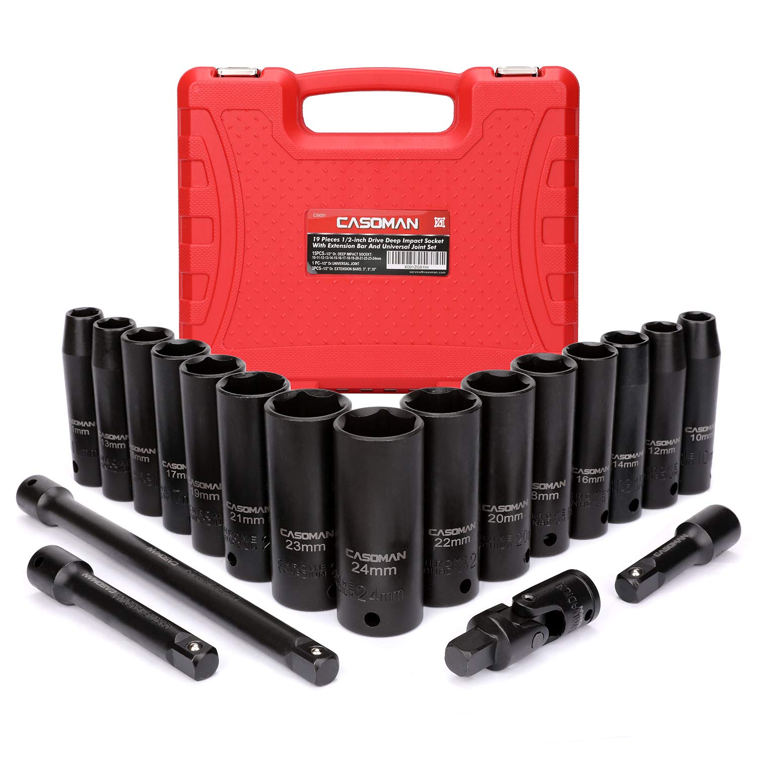 CASOMANComplete 1/2-Inch Drive Deep Impact Socket Set, Metric, CR-V,10-24mm, 6 Point, 19-Piece Sockets Set with Extension Bar and Universal Joints