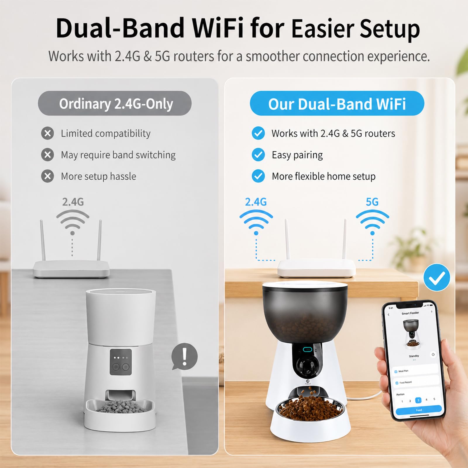 Podazz Distributore Automatico Cibo Gatti con Fotocamera 1080P, 2.4G/5G WiFi Dispenser Cibo Gatti, Controllo App, Timer, Visione Notturna e Voce Bidirezionale, Fino a 10 Porzioni 10 Pasti al Giorno