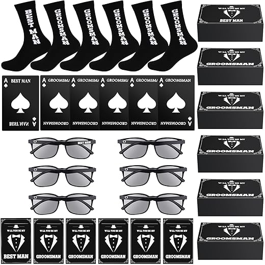 Handepo Groomsmen Gifts Set of 6 Wedding Gifts Sunglasses Socks Wine Glasses Invitation Cards Groomsman Gift Boxes Creative Weddings Engagements Bachelor Party Favors