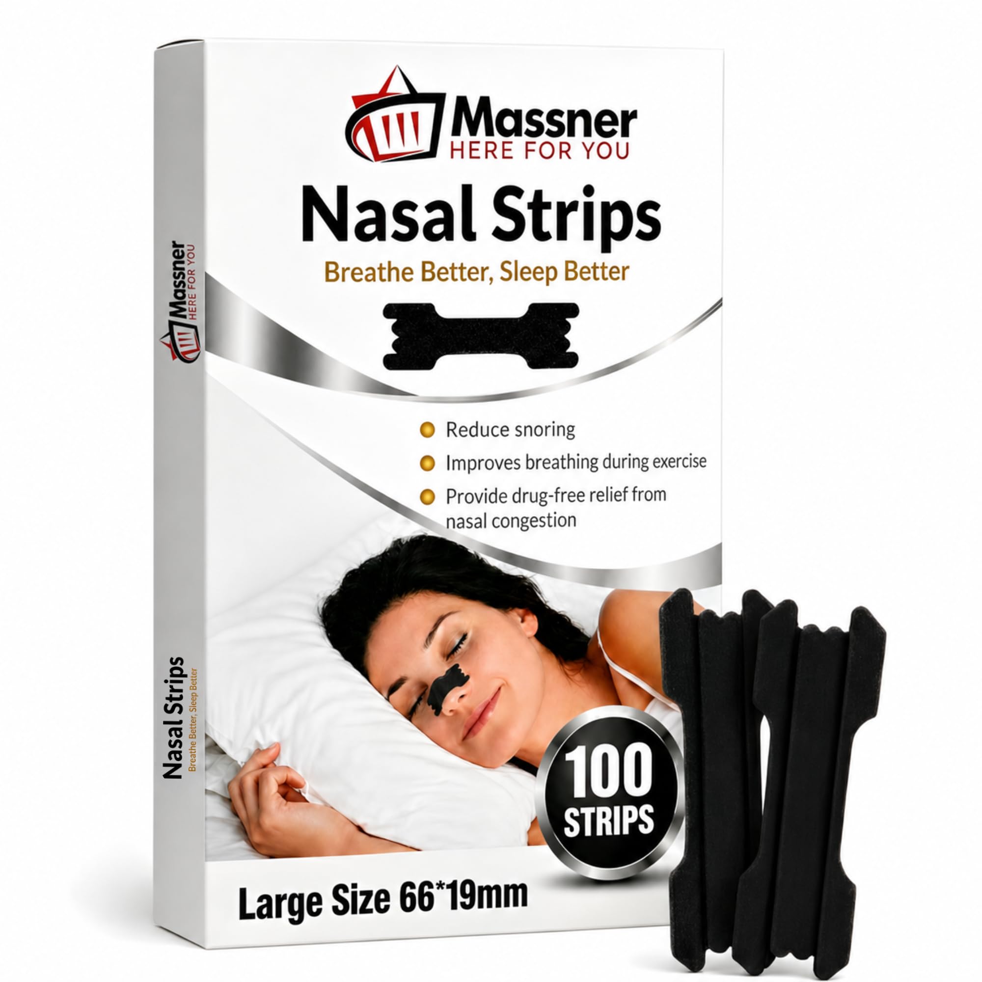 Nose Strips for Breathing by Massner, Large Black Breath Strips for Sleeping, Snoring Support, Stuffy Nose and Congestion Relief - Better Night Airflow, 100 Nasal Strip