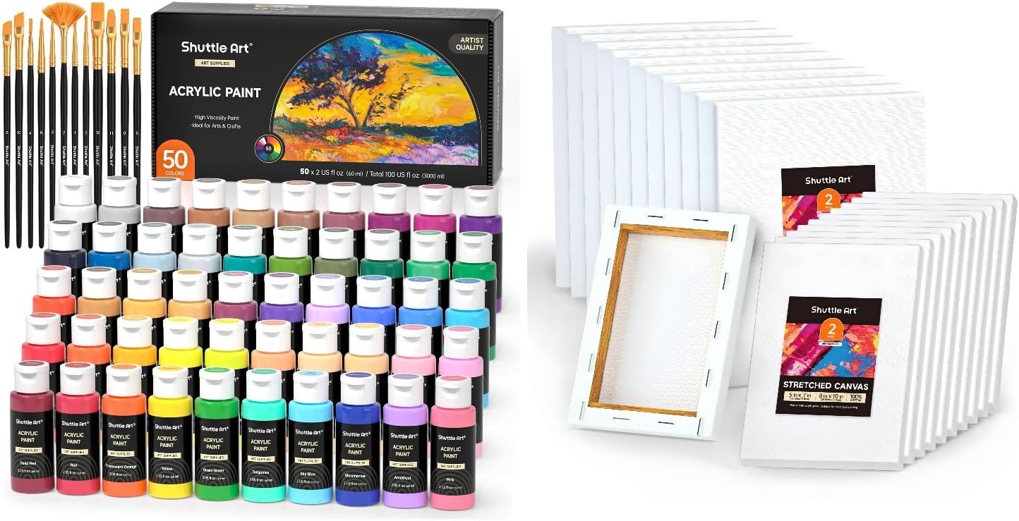 Shuttle Art Stretched Canvas and Acrylic Paint Bundle, Art Painting Supplies Set for 50 Colors Acrylic Paint Bottles (60ml/2oz) & 20 Pack Painting Canvas (5x7”, 8x10”)