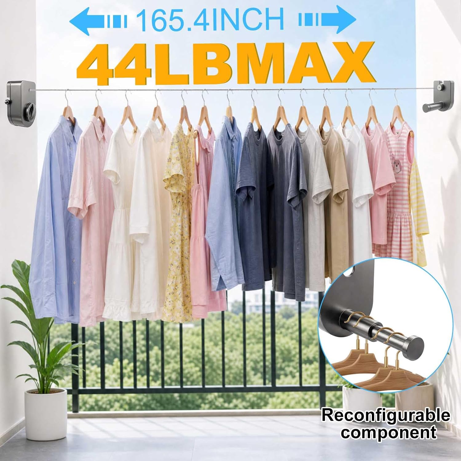 Retractable Clothesline 13.7FT, Heavy Duty Wall Mounted Laundry Line | Non-Sagging Tension Lock, Stainless Steel Rope, 2-in-1 Hook Base,Space-Saving for Indoor & Outdoor Balcony, Bathroom, RV