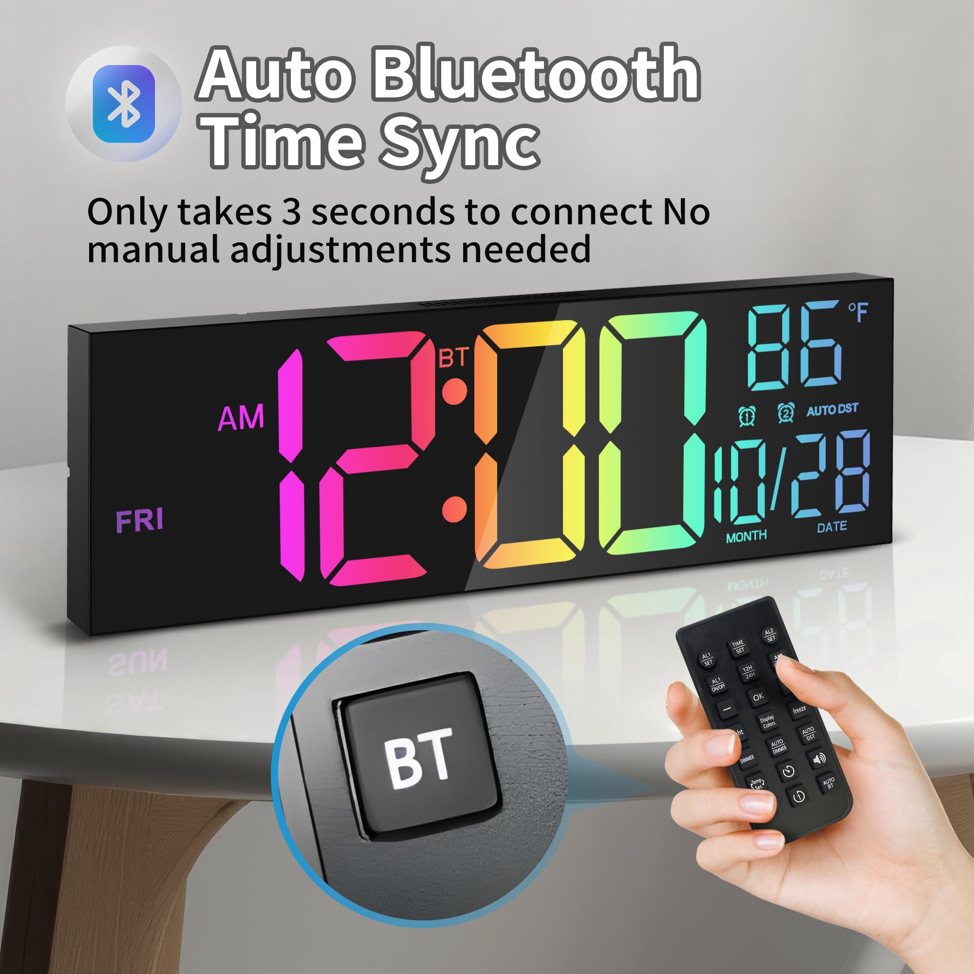 Orologio da Parete Digitale 16,5" con Bluetooth, Luce Notturna, Dimerabile, 2 Allarmi, Temperatura, Colori RGB, Telecomando, 12/24H, Timer – Salotto, Ufficio, Anziani