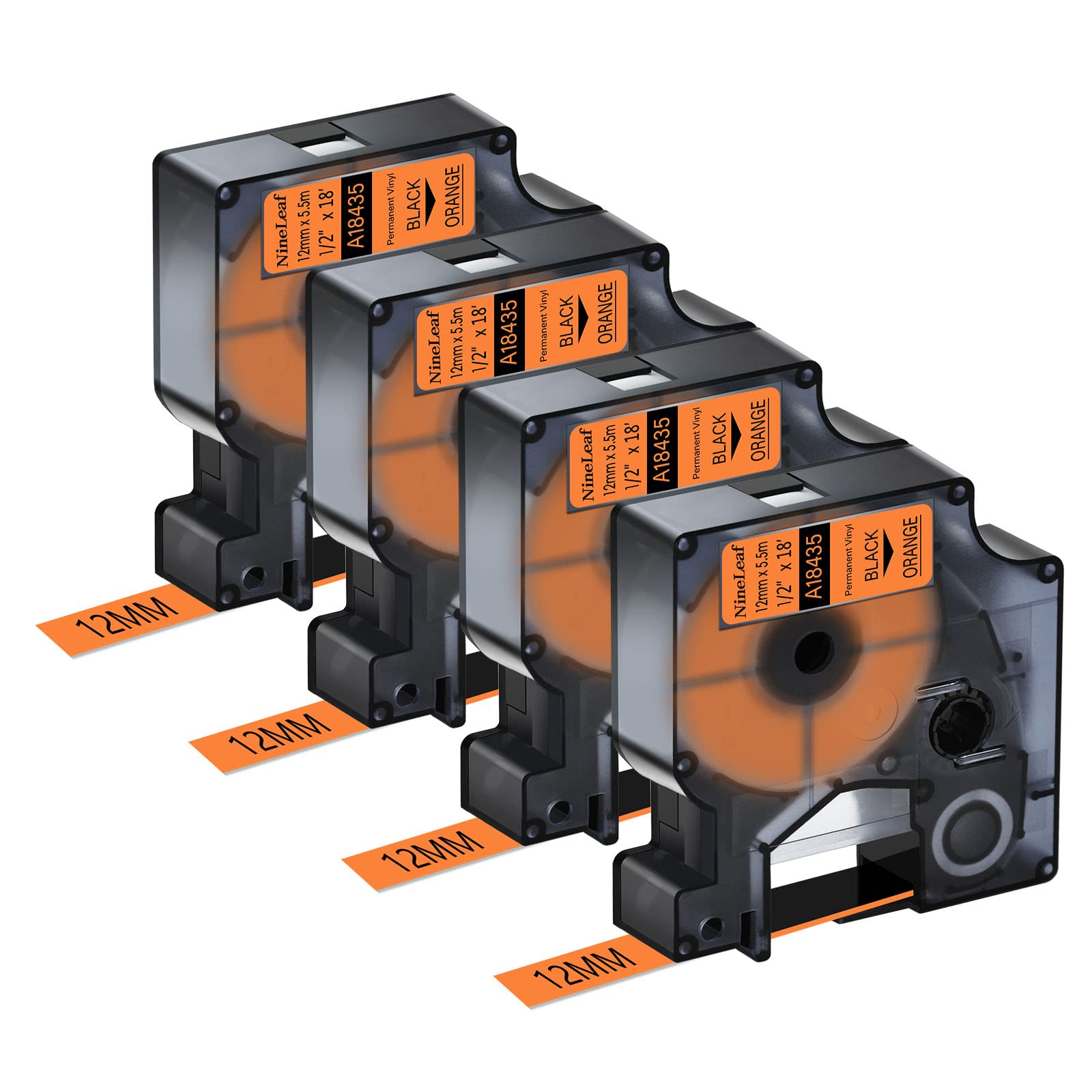 NineLeaf 4 Pack Replacement for Dymo IND 18435 A18435 12mm x 5.5m 0.47'' 1/2 inch Black on Orange Vinyl Permanent Industrial Label Tape for Rhino 1000 4200 5200 3000 3M PL100 PL150 Label Maker