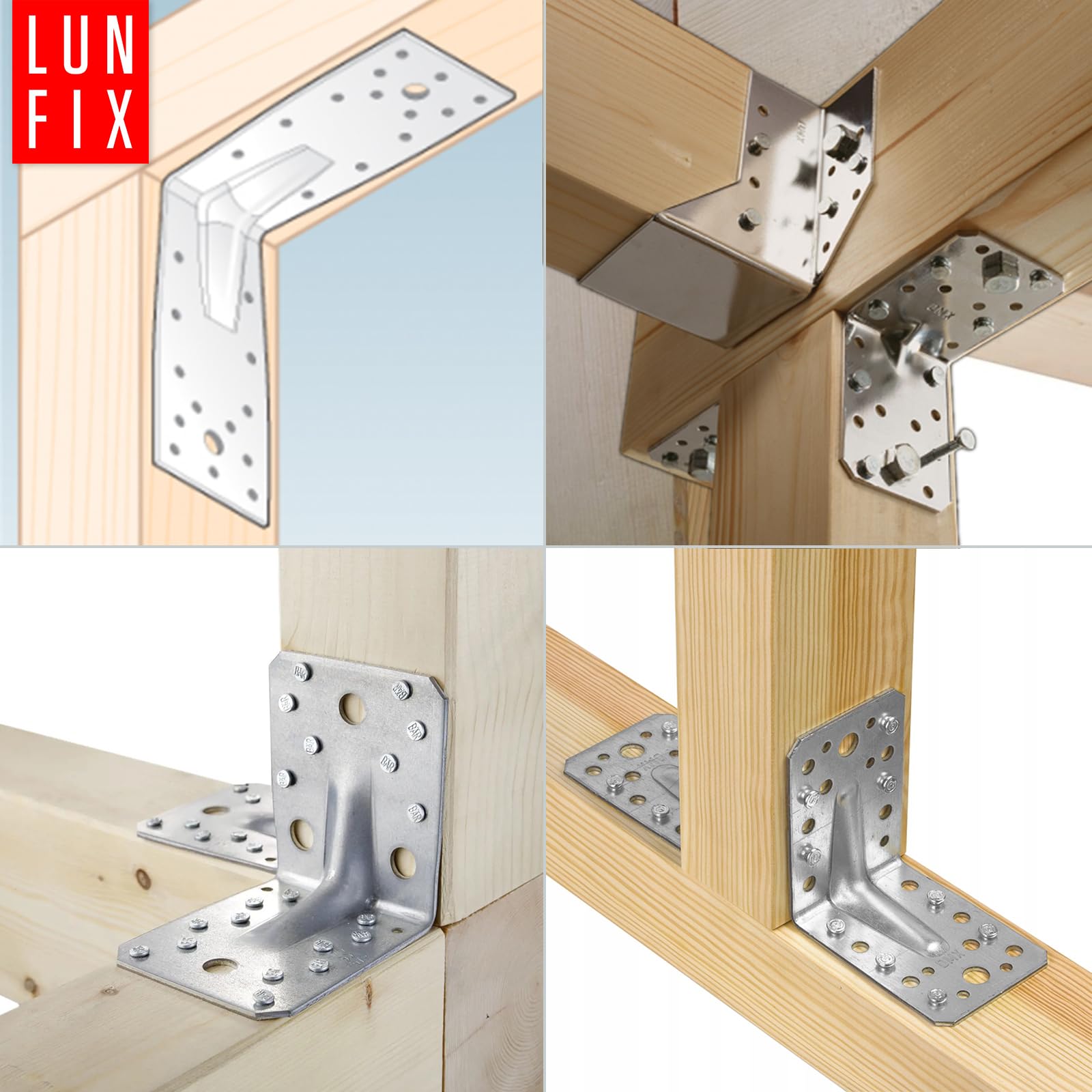 50 Equerre metal renforcées 90x90x65x1,5 mm, connecteurs bois galvanisés avec nervure, équerre support d'angle droit perforée pour menuiserie, fixation meuble, clôture, construction bois