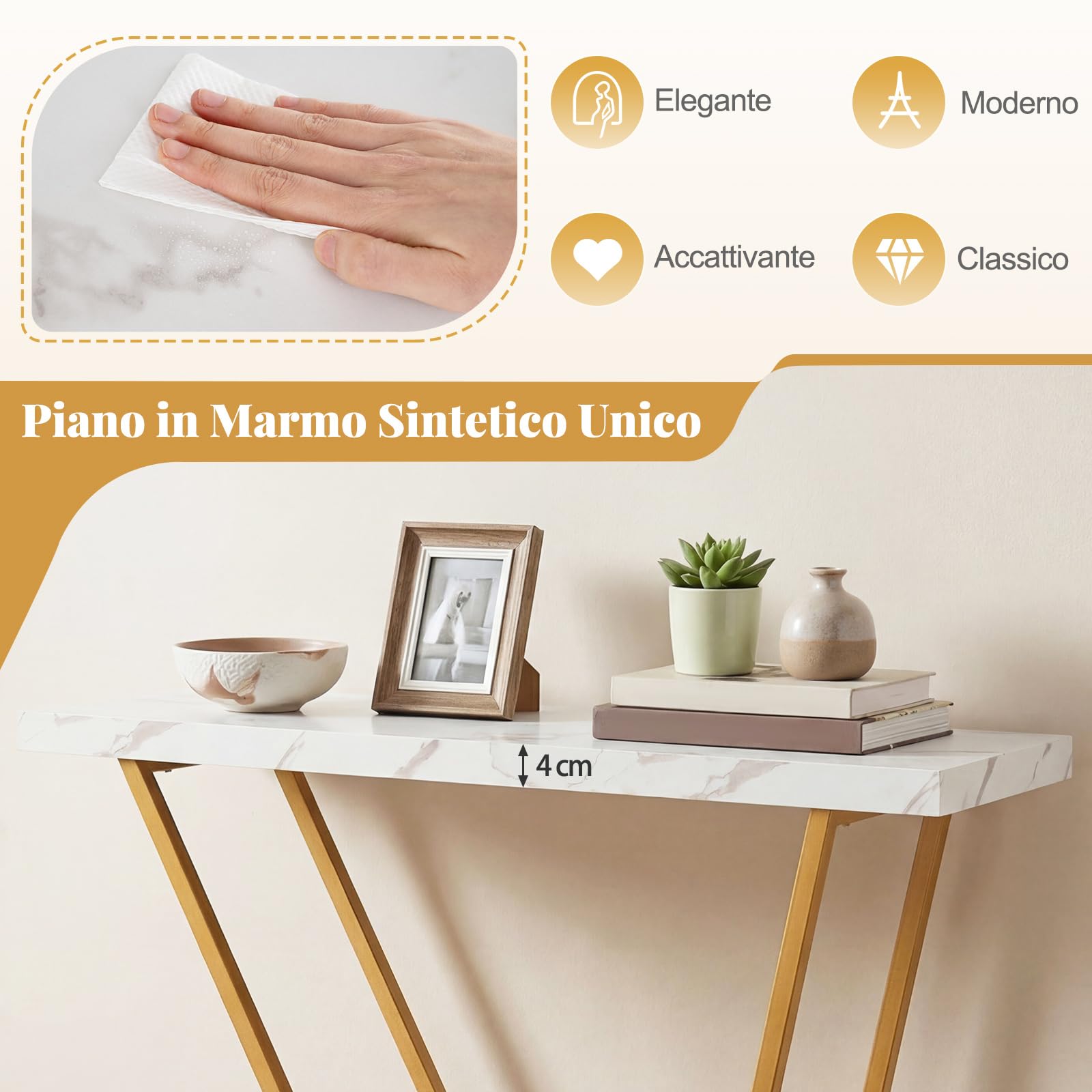 COSTWAY Tavolo Consolle in Finto Marmo con Struttura Metallica Geometrica