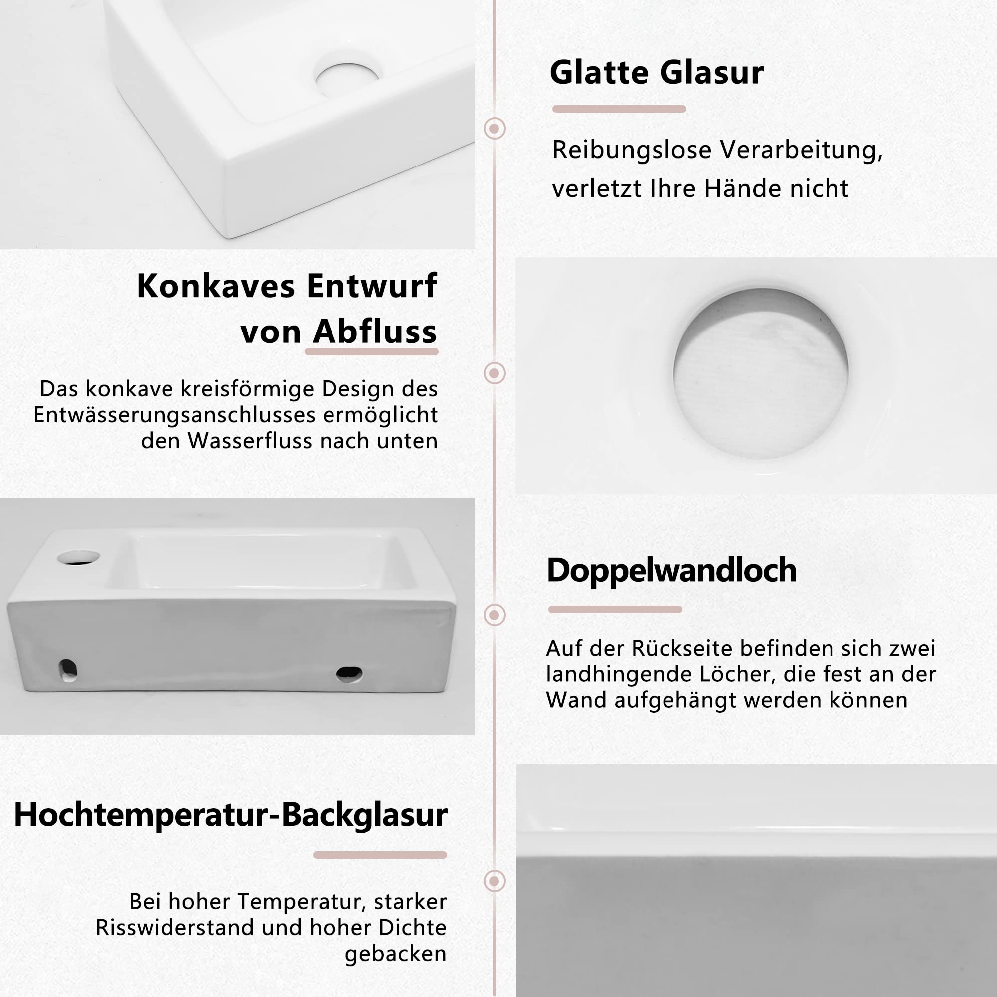 OUUTMEE Lavabo de pared, para diestros, 370 x 185 x 90 mm, lavabo pequeño sobre encimera, lavabo de pared o sobre encimera, inodoro de invitados, blanco, juego