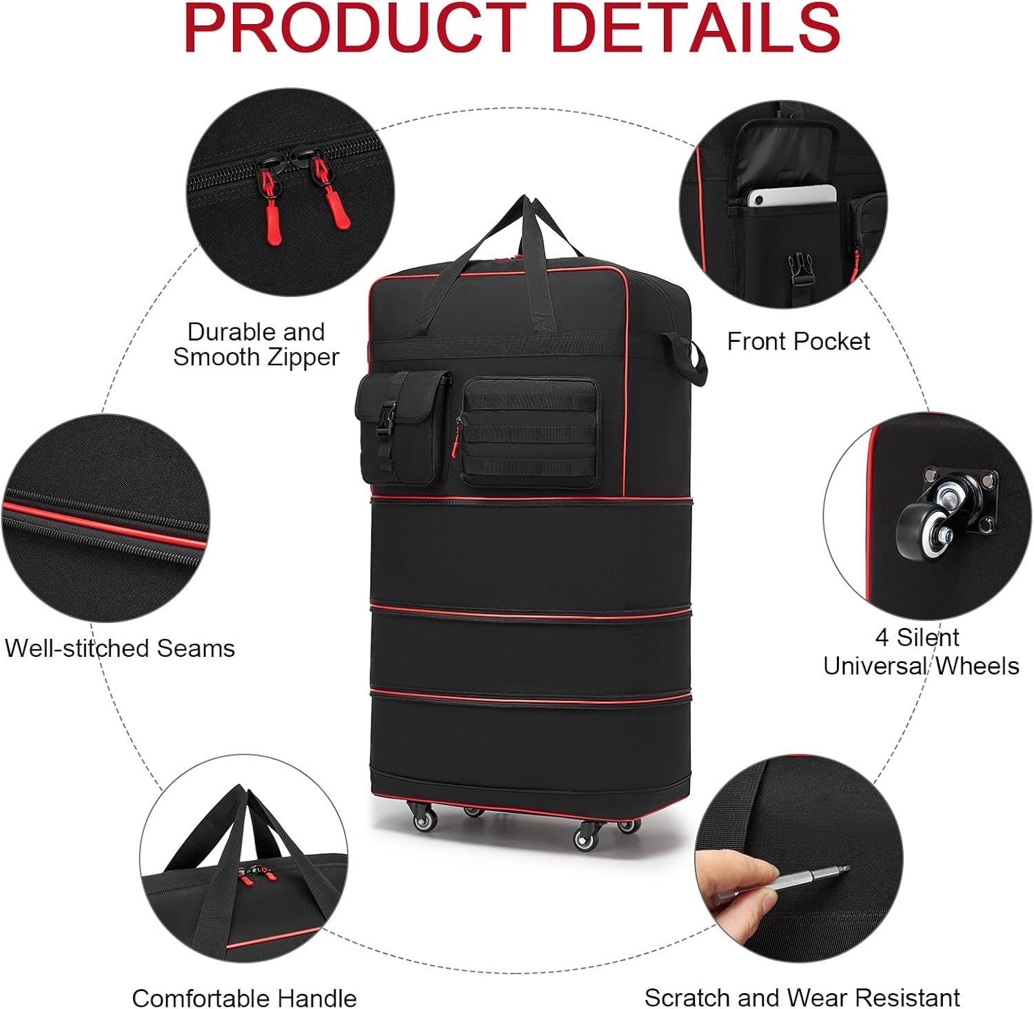 seyfocnia Tactical Foldable Travel Bag, Large Suitcases with Wheels Rolling Travel Duffle Bag with Wheels and Handle, Expandable Foldable Luggage Bag Collapsible Luggage, Black - Image 3