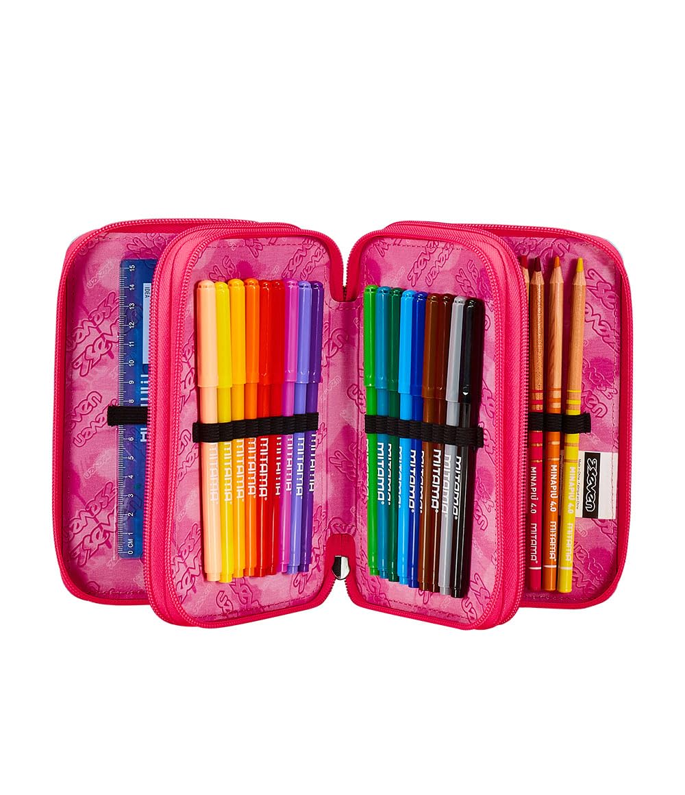 Seven Zaino Doppio Scomparto Estensibile JumpLove, Rosa, Maxi Capienza + Astuccio 3 Scomparti Rosa, Bambina e Ragazza