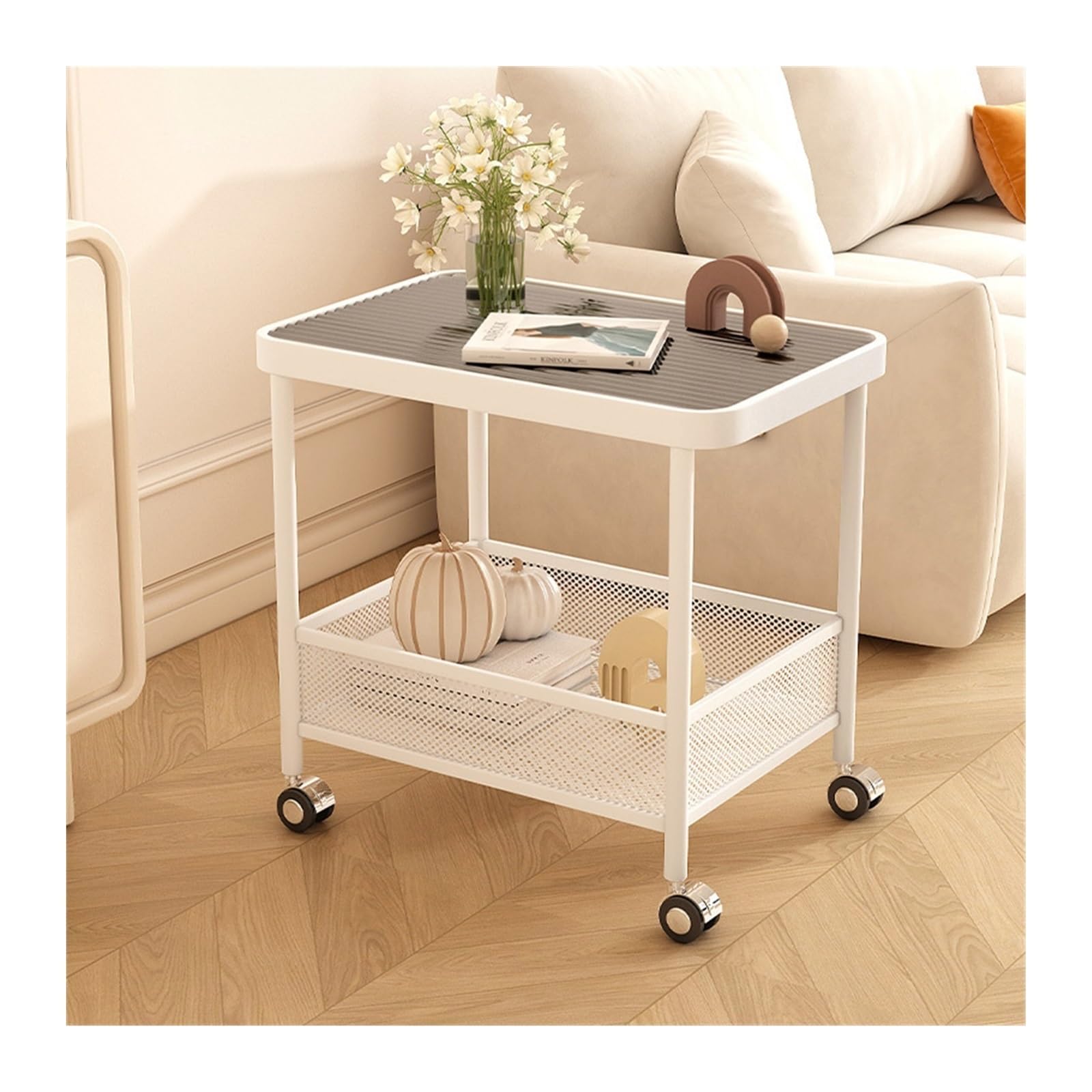 FZL02068LM Serving Trolleys Mobile Side Table, Double Layer Storage Rack With Wheels, Glass Snack, Floor Trolley, Kitchen Organization(Black)