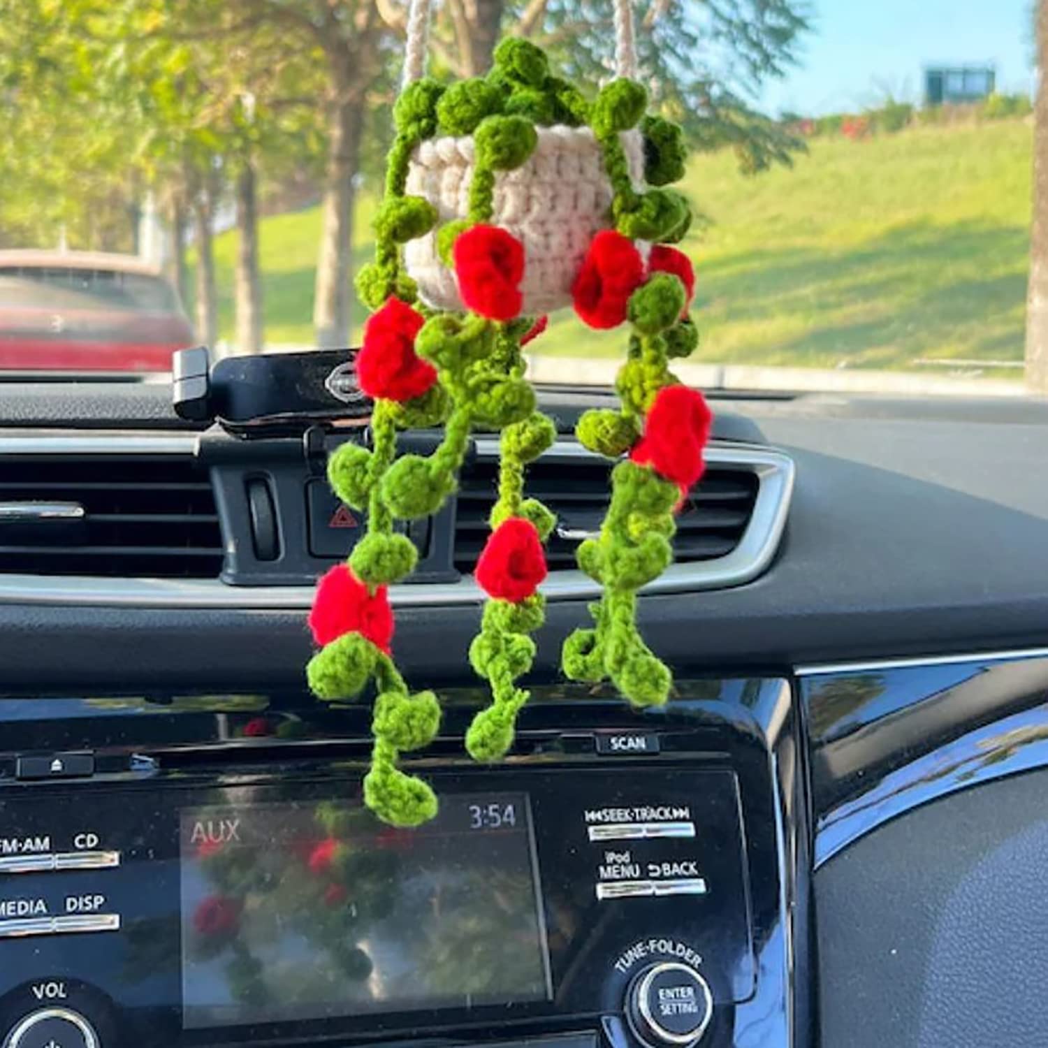 Ciondolo Per Auto All'uncinetto A Forma Di Pianta In Vaso - Accessorio Decorativo Per Specchietto Retrovisore, Tessuto A Mano In Cotone