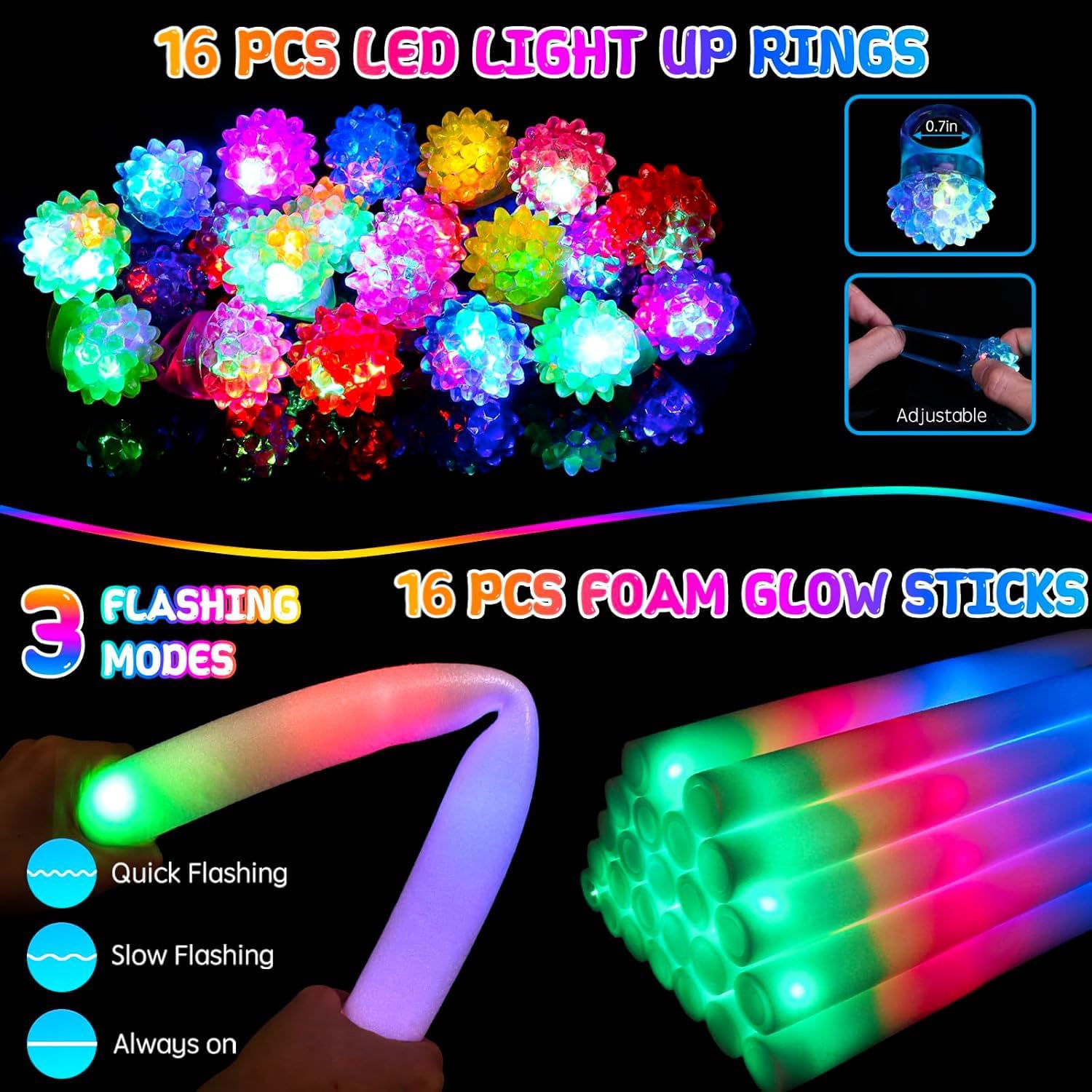 248PCS Glow in the Dark Party Supplies, Party Pack Bulk , 16PCS Foam Glow Sticks & LED Glasses, 16PCS LED Light Up Rings and 200PCS Glow Sticks for Neon Party Decorations, halloween party favors