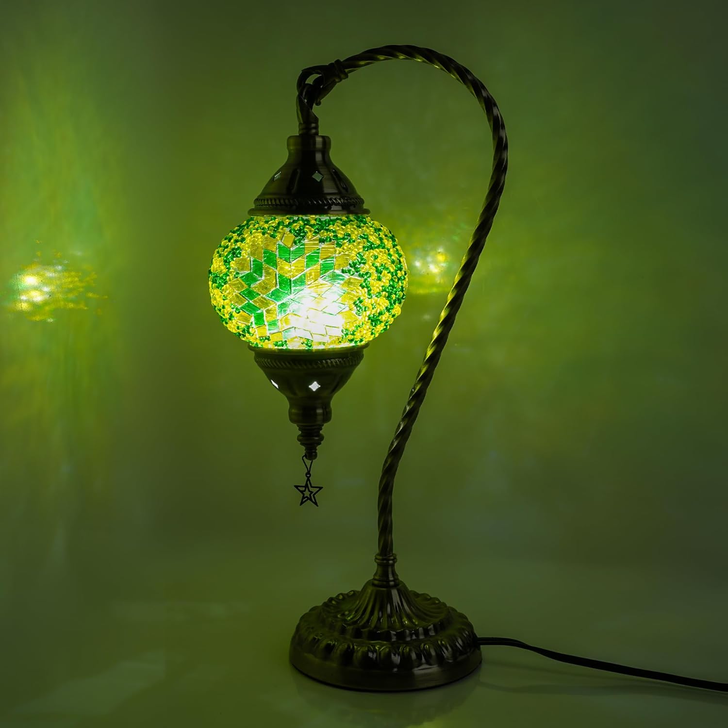 Turkish Moroccan Lamp with 3 Color Options - Handmade Tiffany Mosaic Glass Bedside Lamp with Bronze Base, Swan-Neck Nightstand Light for Bedroom (LED Bulb Included) (Green)