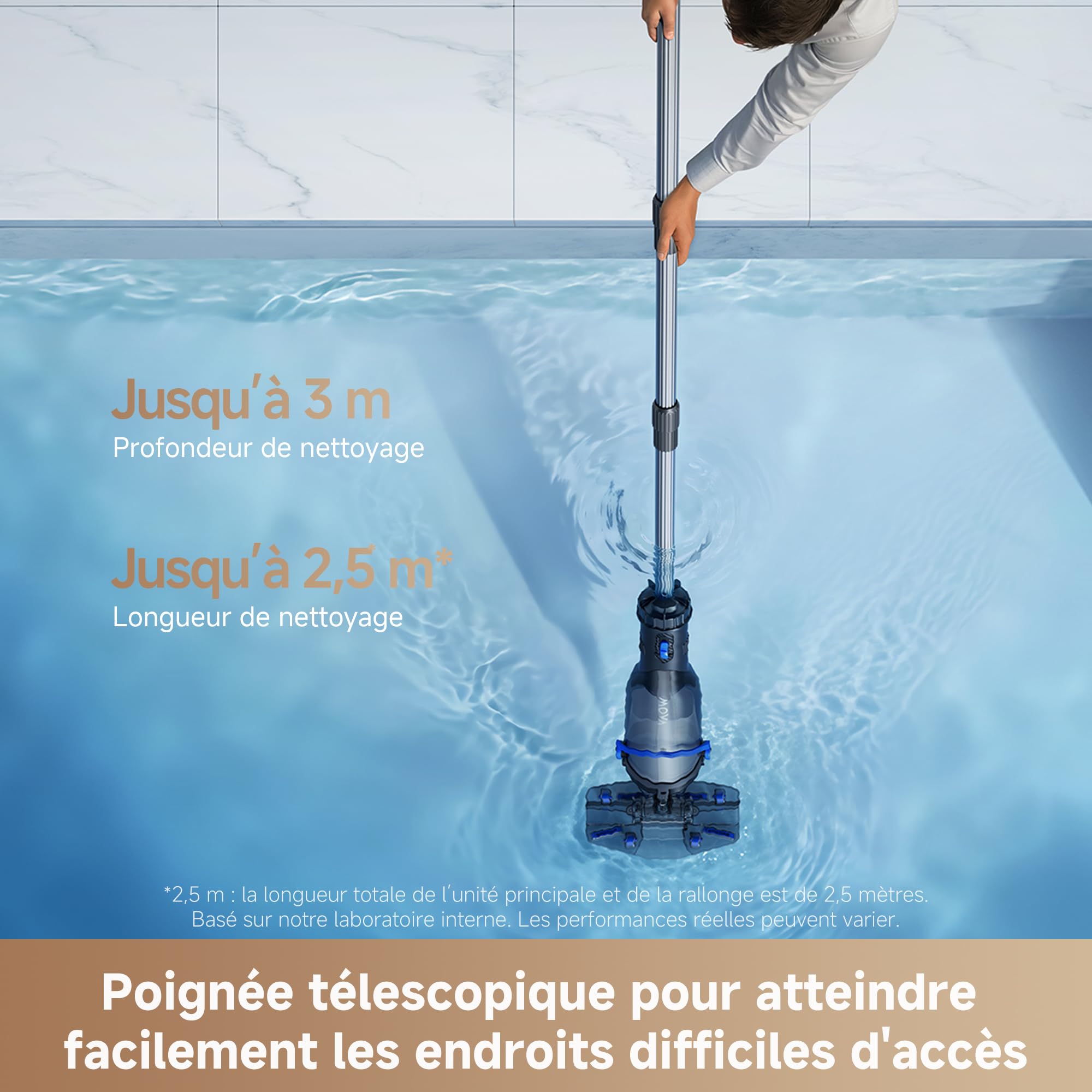 MOVA Handler V10 Aspirateur pour Tous Types de Piscine, Aspiration 4 200 L/h, tête Transparente, autonomie 60 Min, Perche télesc, 1,8 m et épuisette, Double Filtration, sans Fil, IPX8
