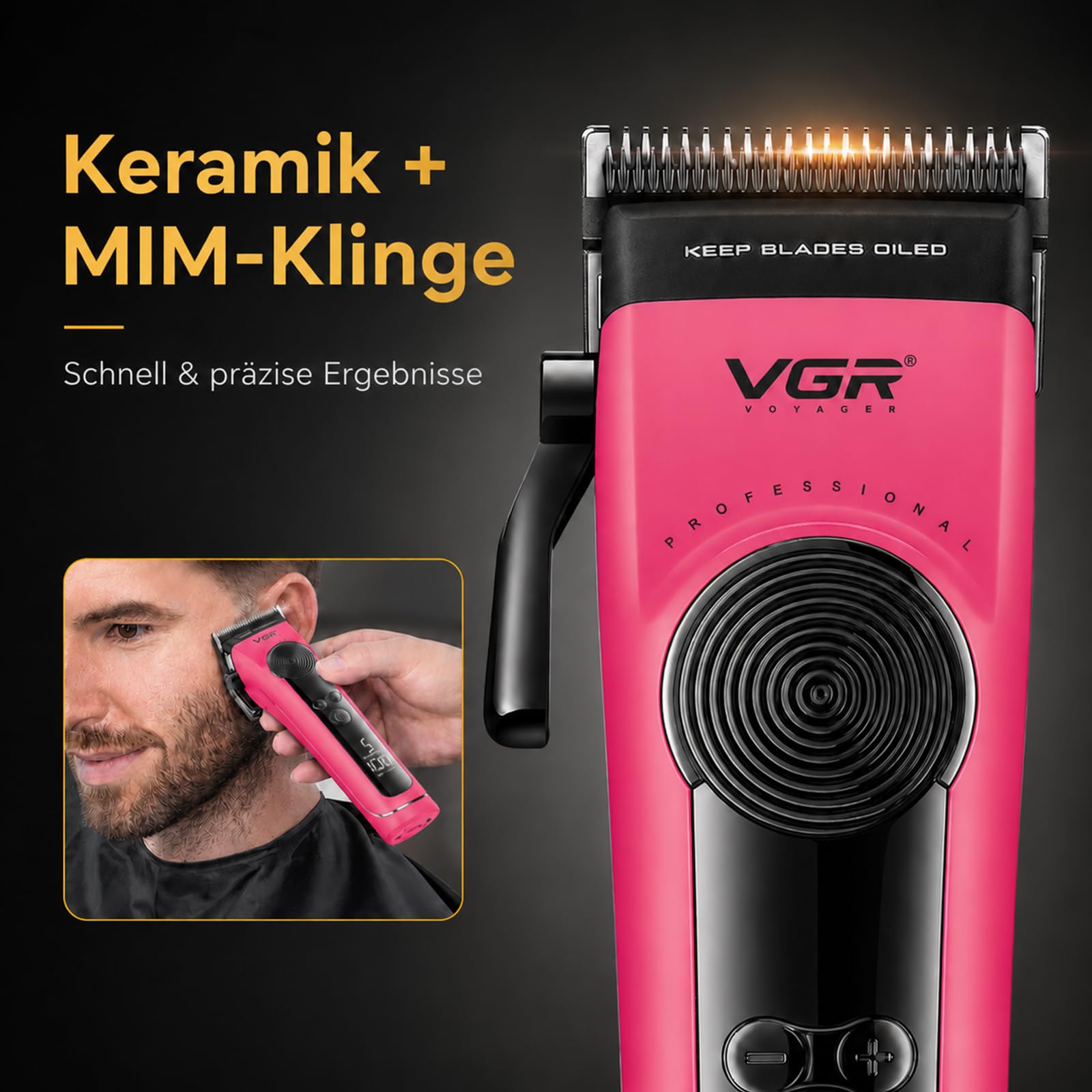 VGR 199 Haarschneidemaschine Profi Mit Einstellhebel,Geschwindigkeitsregler | Kabelloser Haarschneider Mit Ladestation, Clipper Haarschneider Mit Keramikklingen, 6 FüHrungskamm, LED-Display
