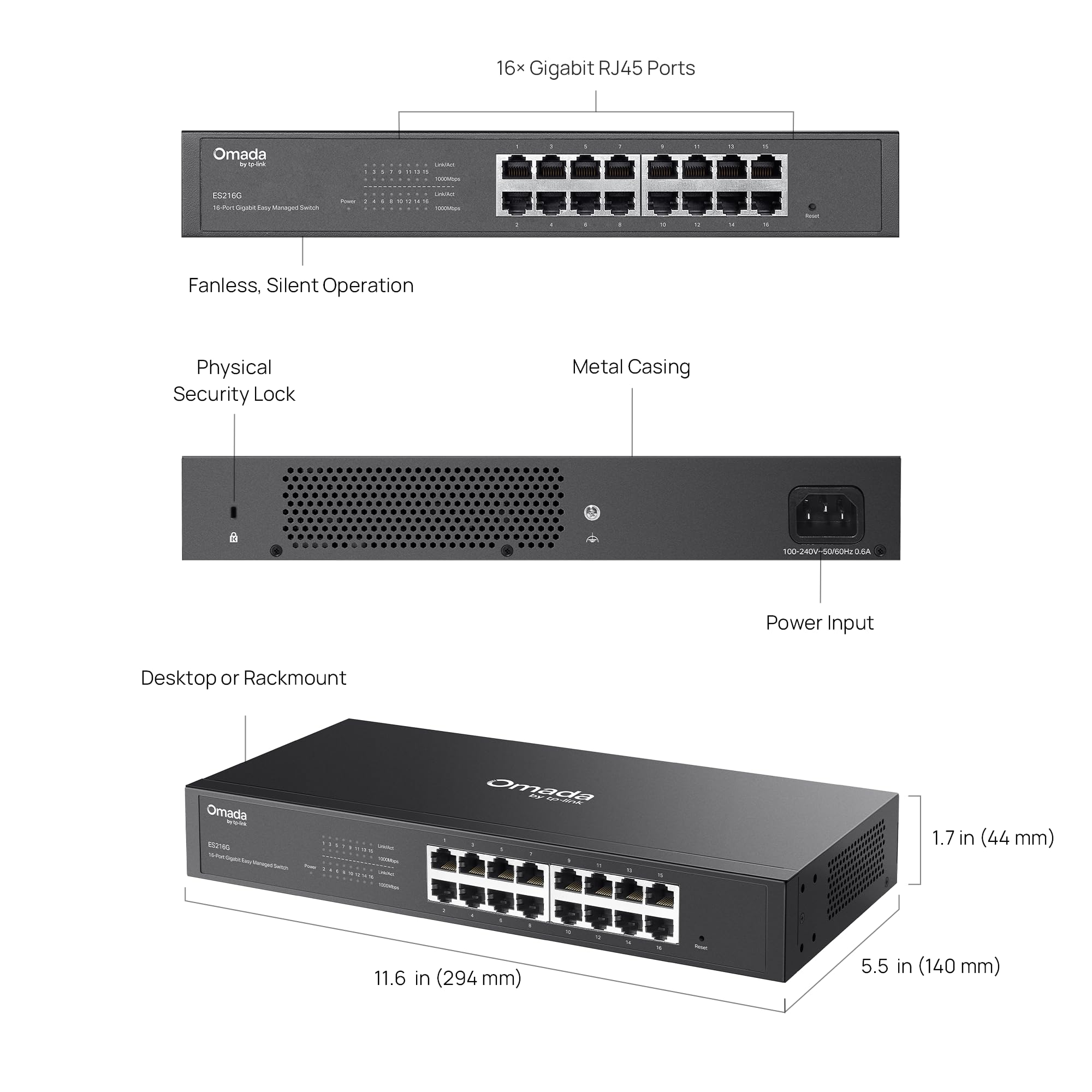 Omada ES216G Commutateur Gigabit facile à gérer 16 ports | VLAN, prévention automatique des boucles, snooping IGMP, sans ventilateur, géré par Omada, métal durable avec ports blindés